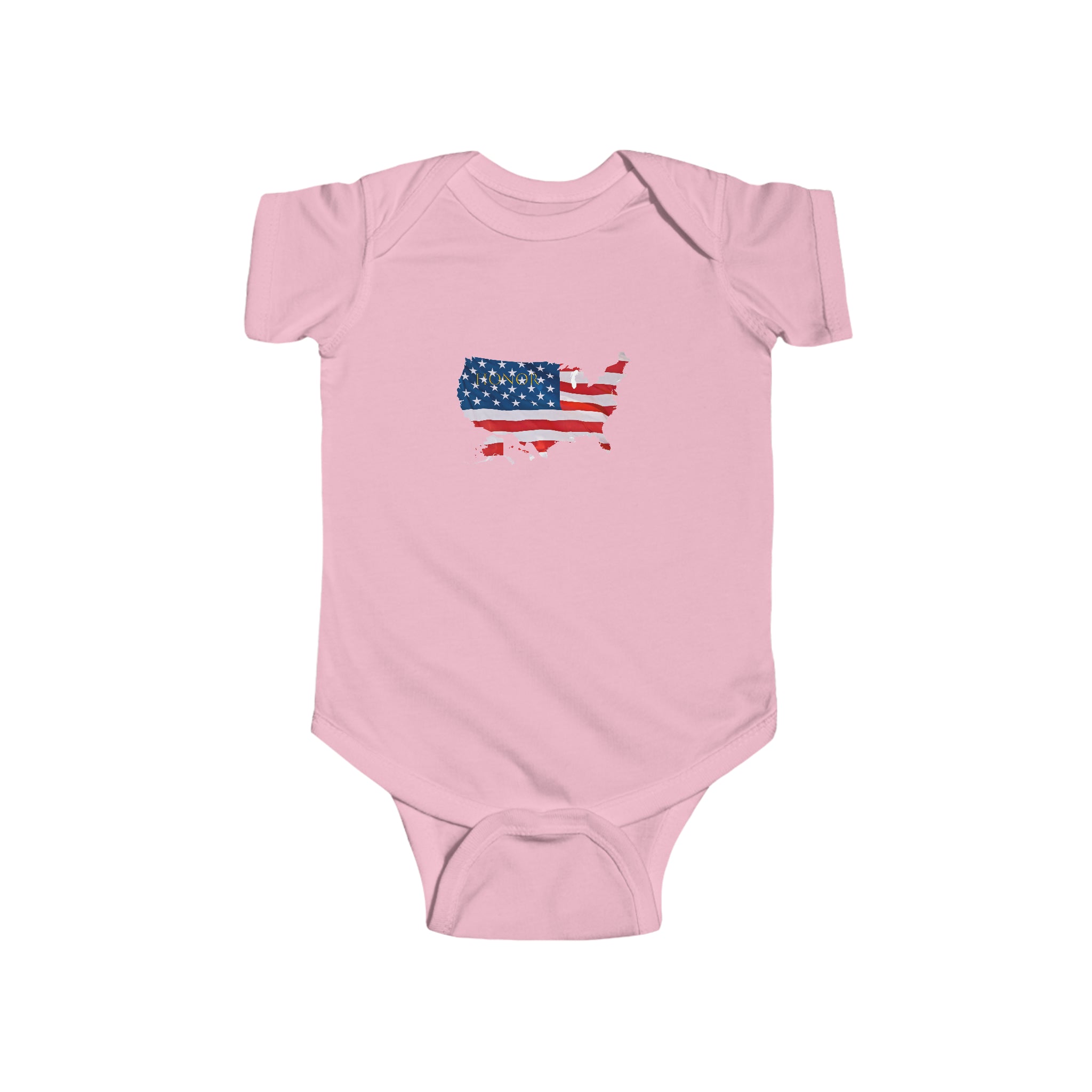 Infant unisex pink onesie with "Honor USA" inspired American as a Flag graphic on front.