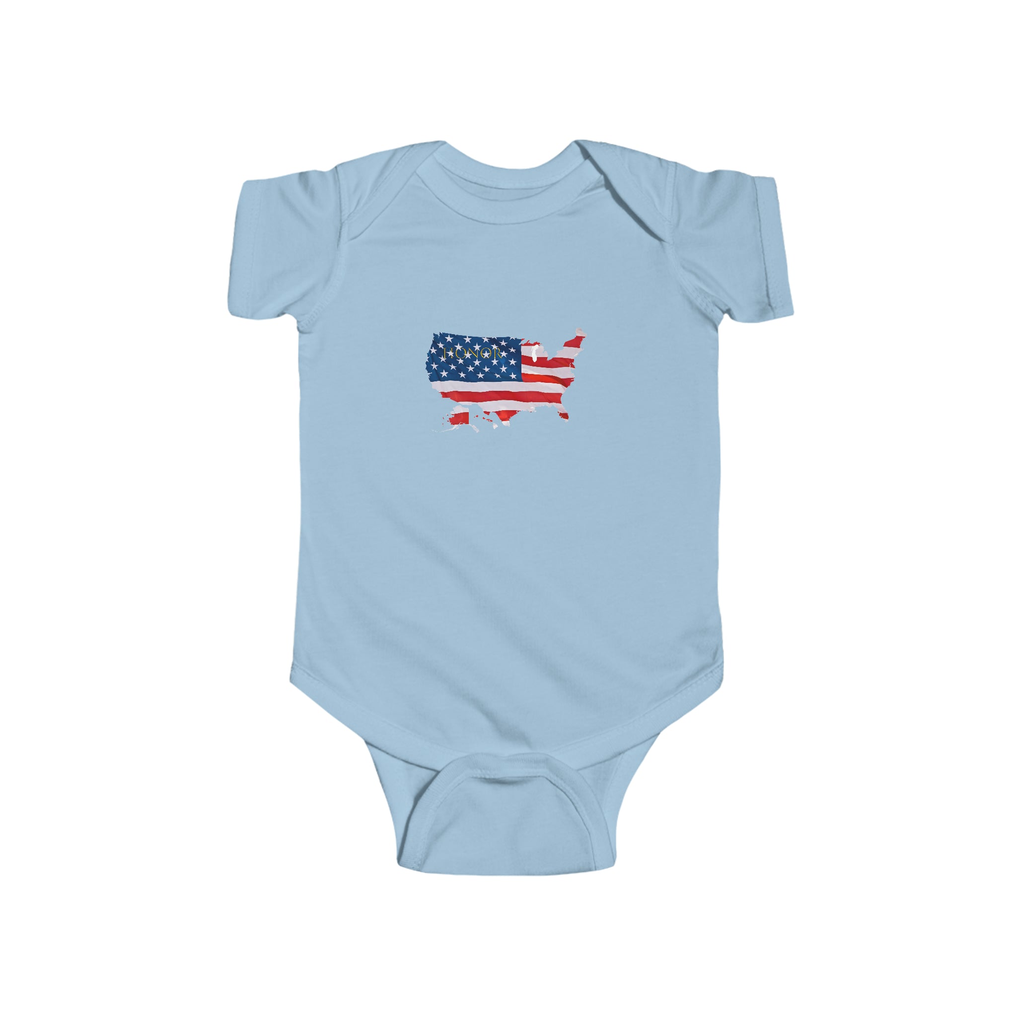 Infant unisex light blue onesie with "Honor USA" inspired American as a Flag graphic on front.