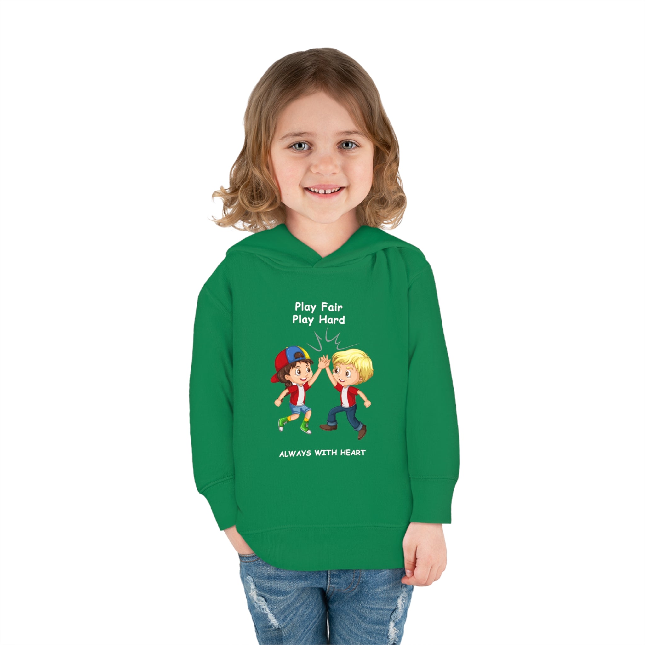Girl  Toddler wearing unisex irish green hoodie with " Play Fair Play Hard Always with Heart" inspired graphic