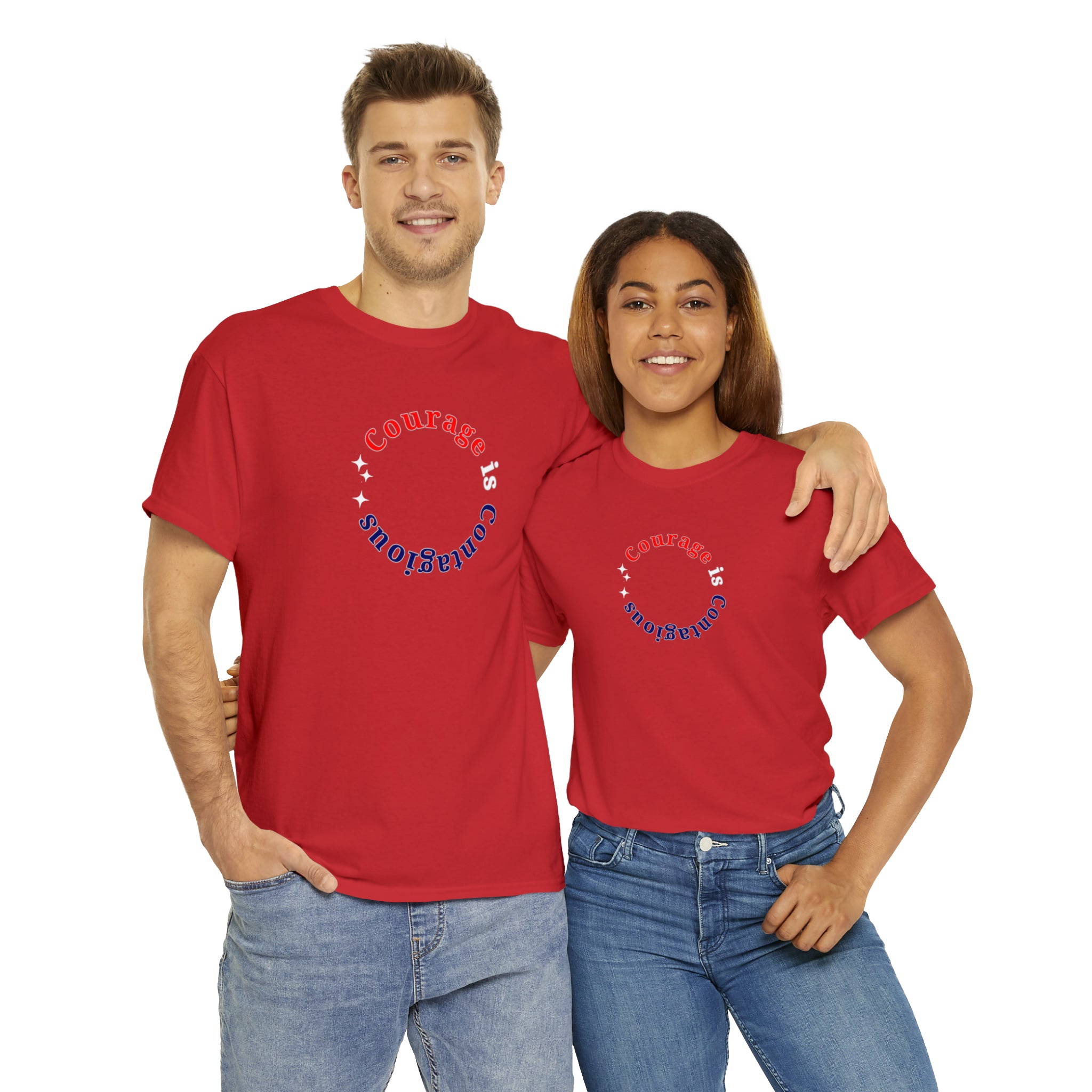 Adult Man and Women wearing red T-Shirt " Courage is Contagious" inspired message on front.