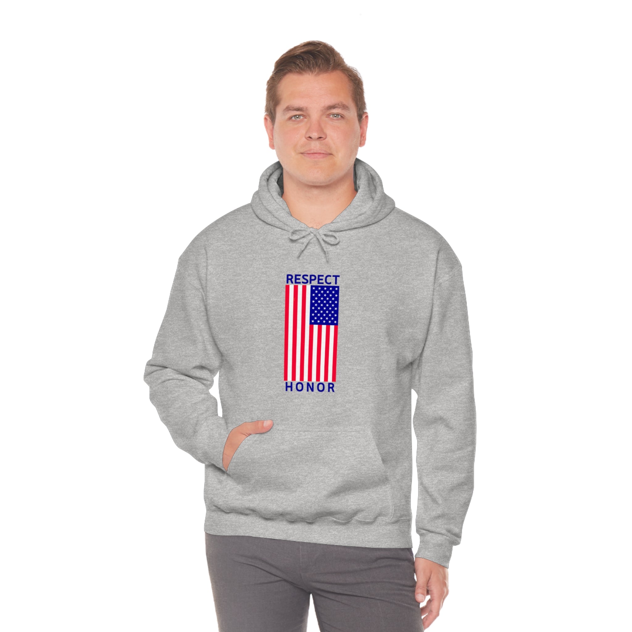 Adult man wearing sports grey hoodie with "Respect Honor" Inspired Classic American Flag on front.