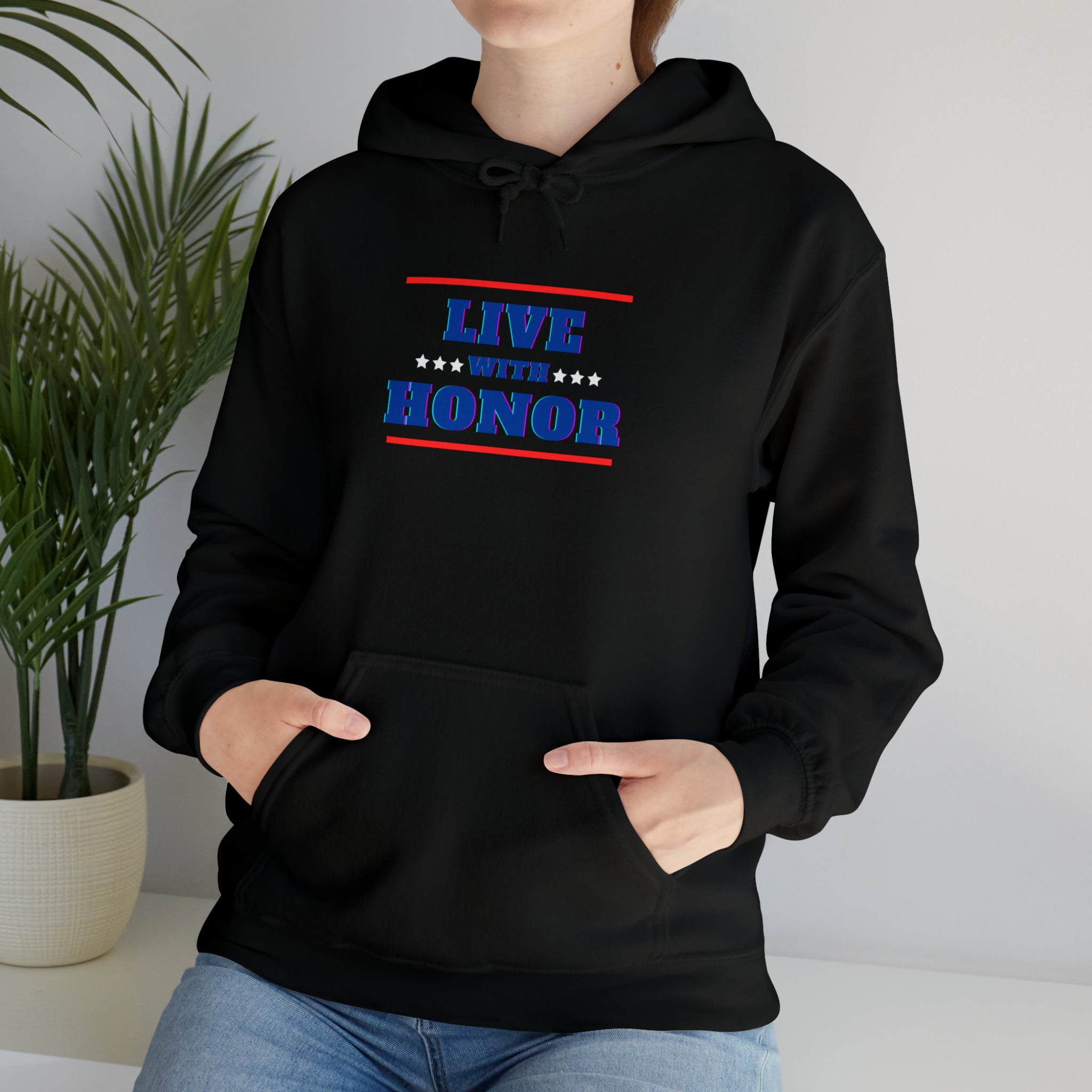 Adult female wearing black hoodie " Live With Honor" inspired images