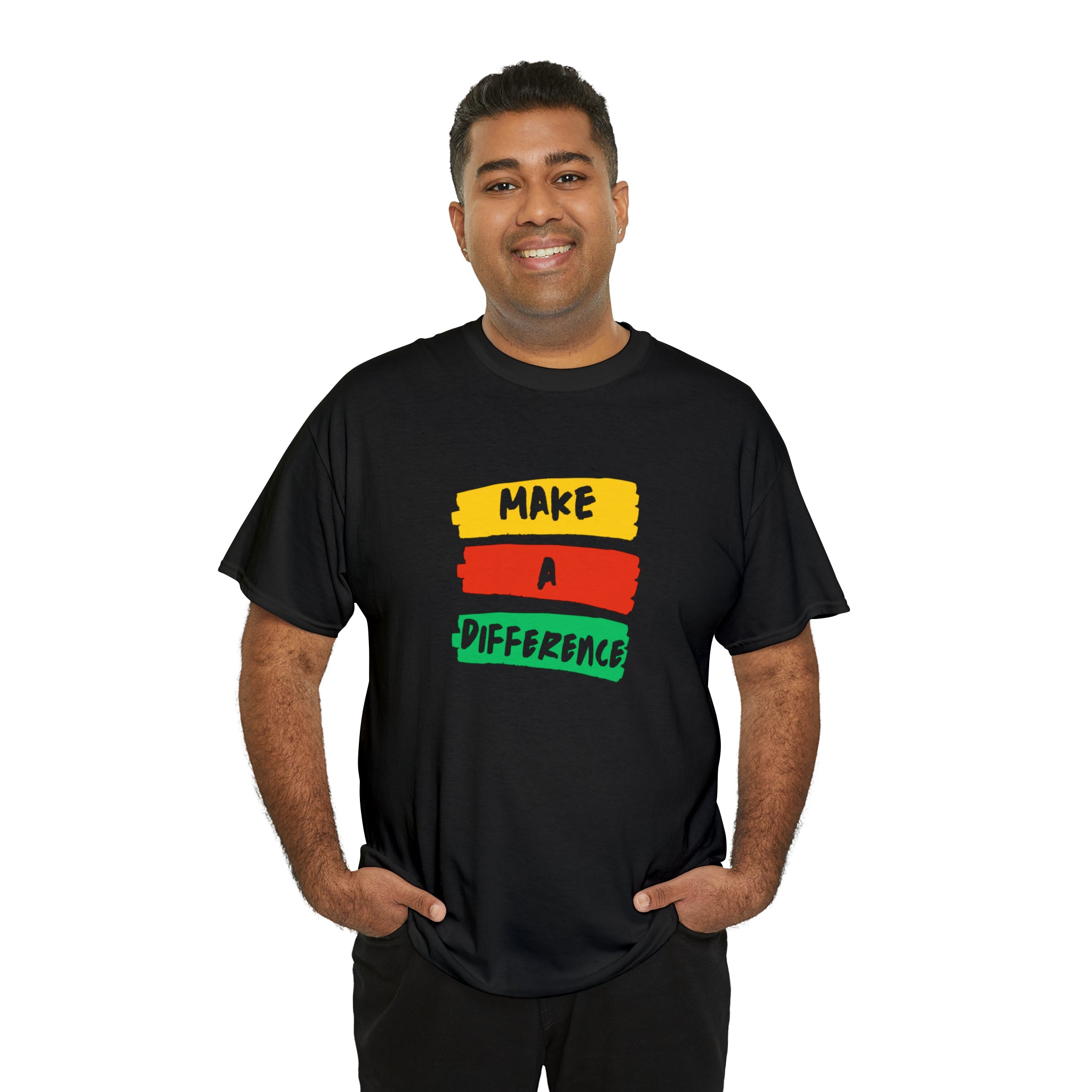 Adult male unisex black T-Shirt with " Make A Difference" inspired images.