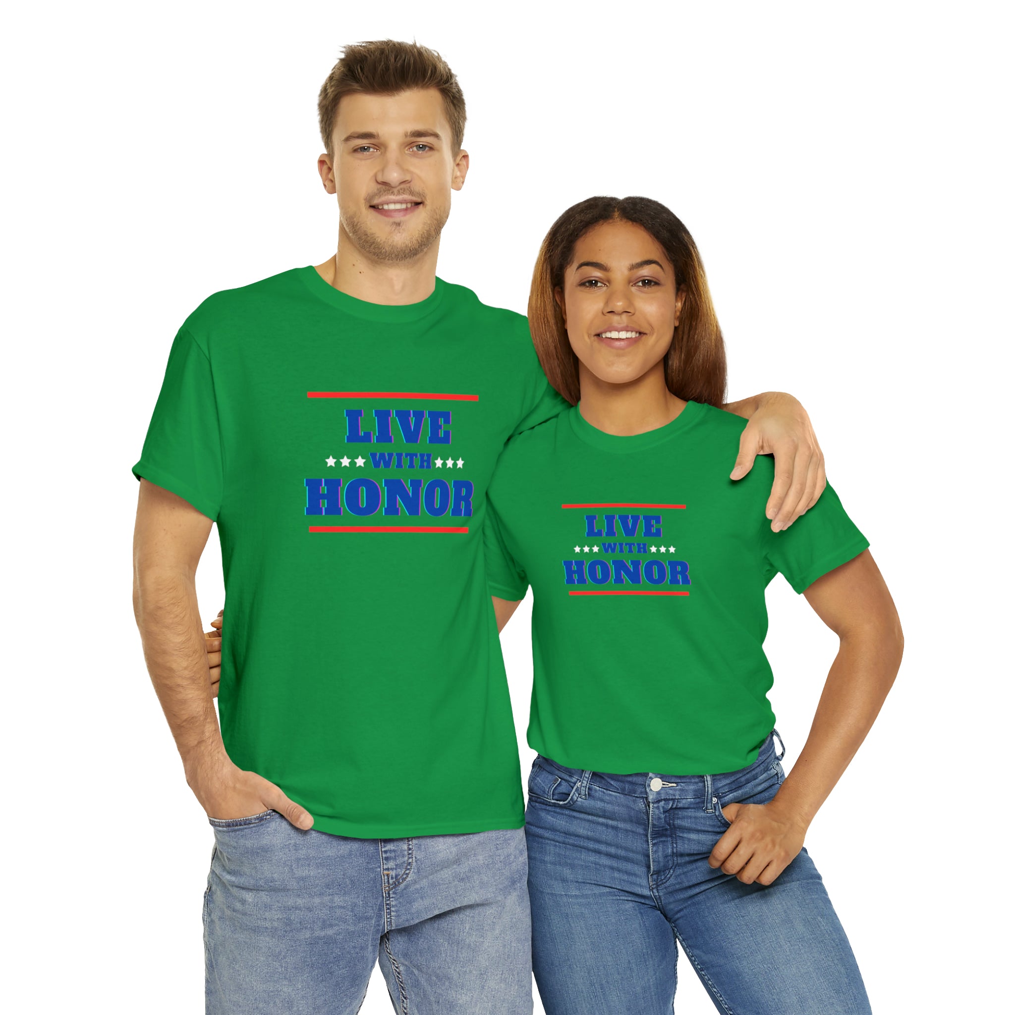 Adult male & female wearing irish green T-Shirt " Live With Honor" inspired images