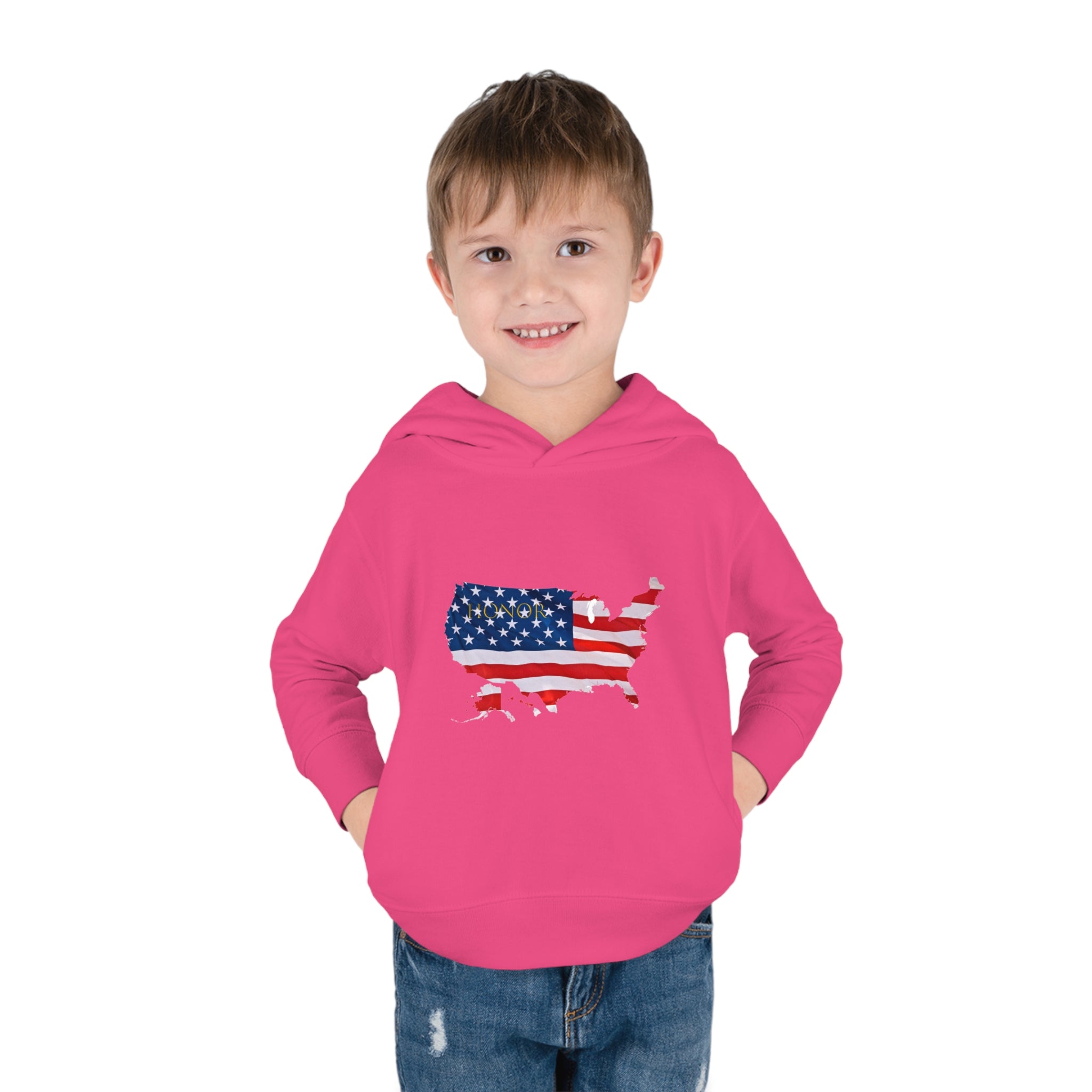 Toddler Boy wearing Vintage Hot Pink Hoodie with "Honor USA" inspired American as a Flag graphic on front.