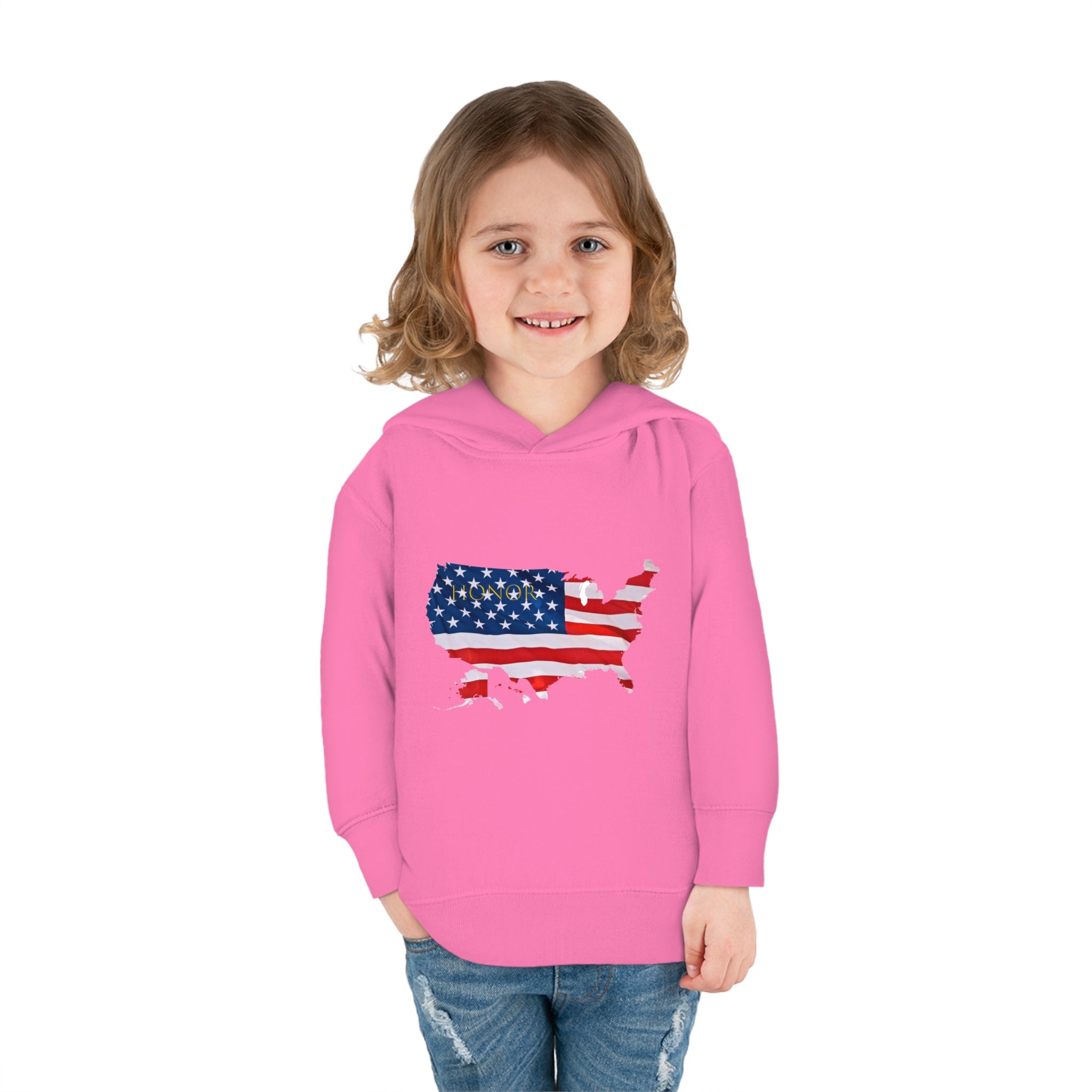 Toddler Girl wearing vintage hot pink Hoodie with "Honor USA" inspired American as a Flag graphic on front.
