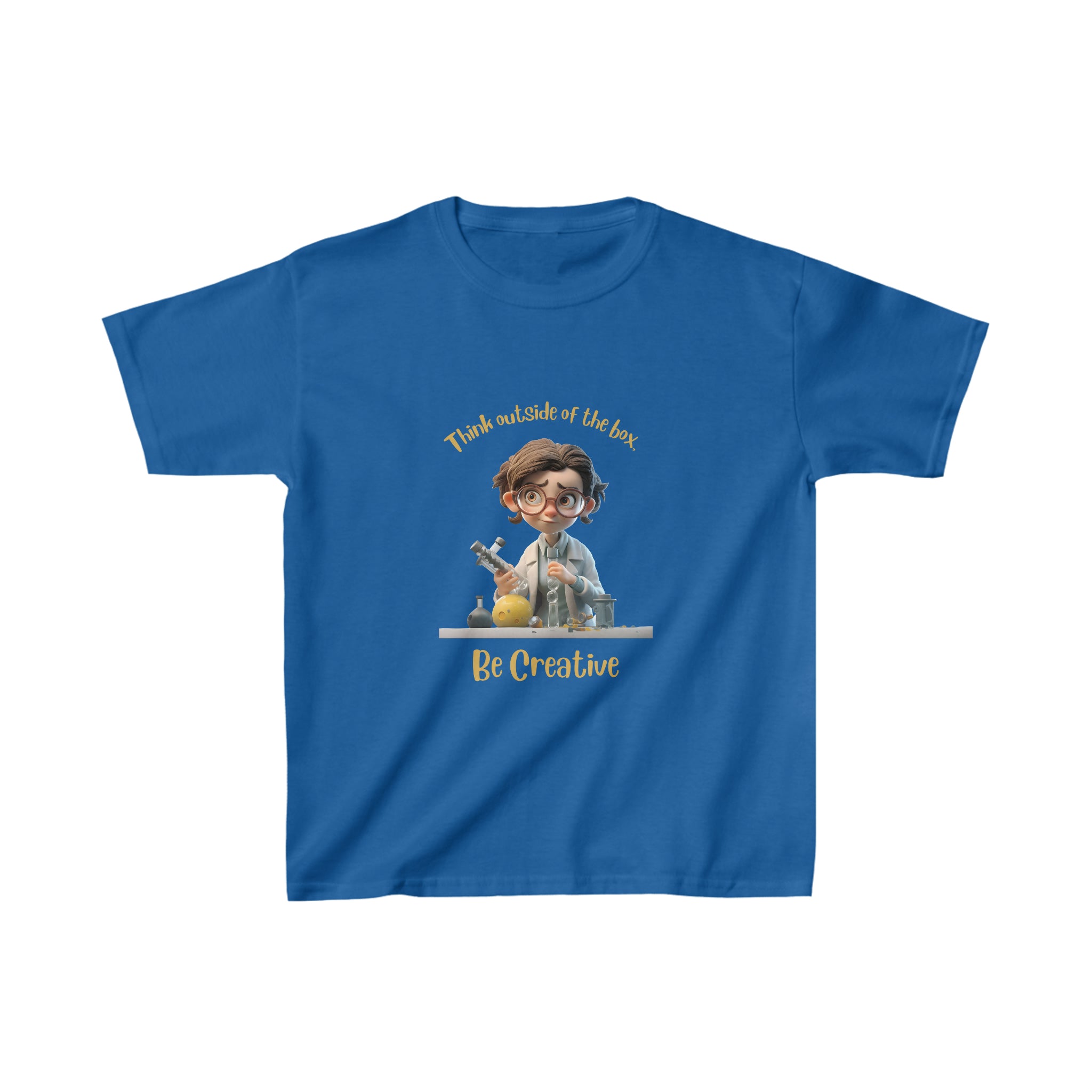 Girls Youth size royal T-shirt with " Think outside the box Be Creative" graphic on front.