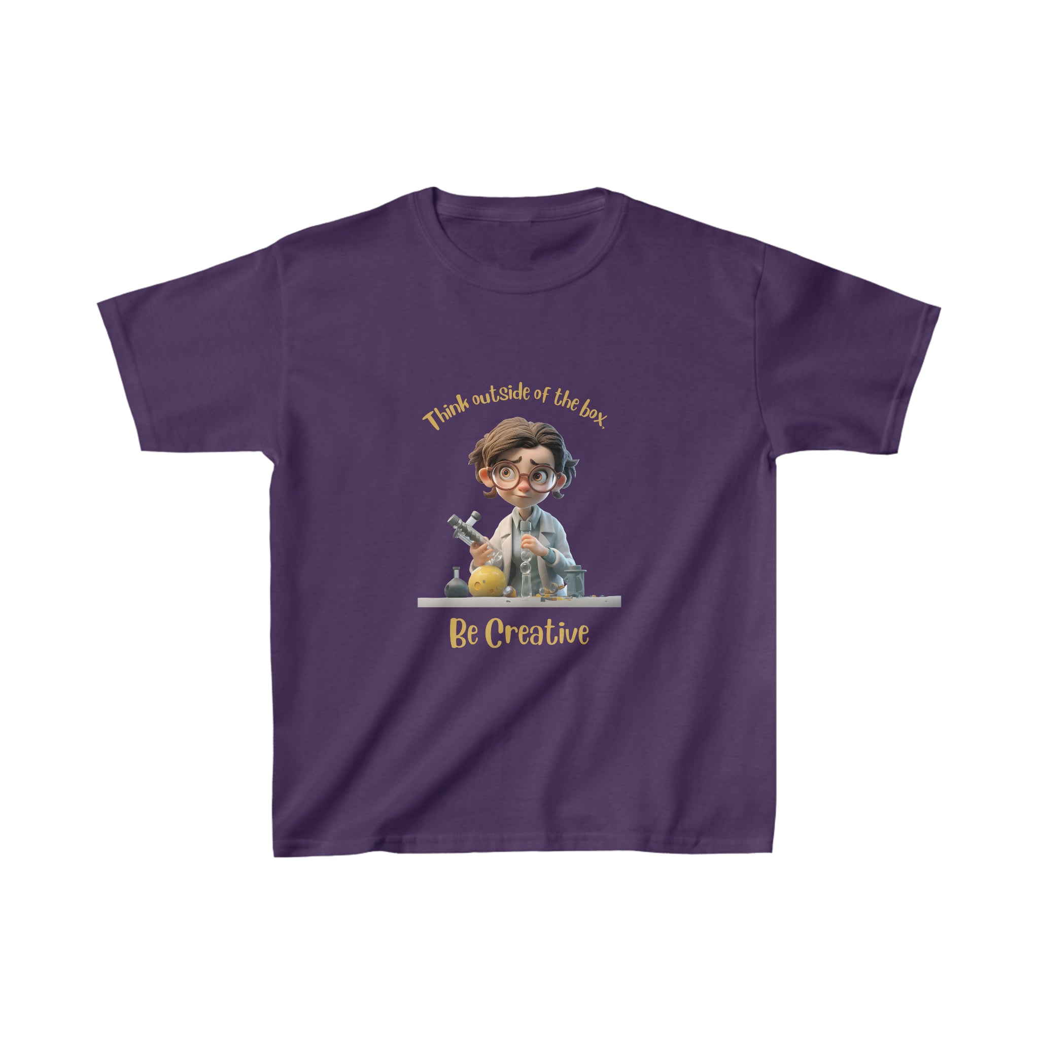Girls Youth size purple T-shirt with " Think outside the box Be Creative" graphic on front