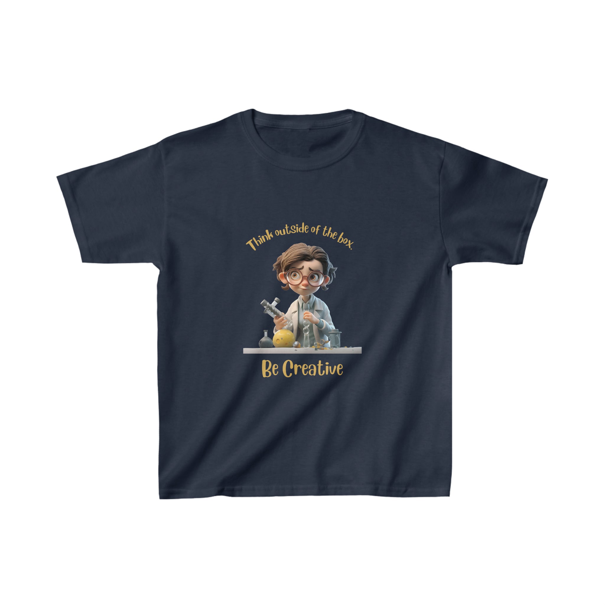 Girls Youth size navy T-shirt with " Think outside the box Be Creative" graphic on front