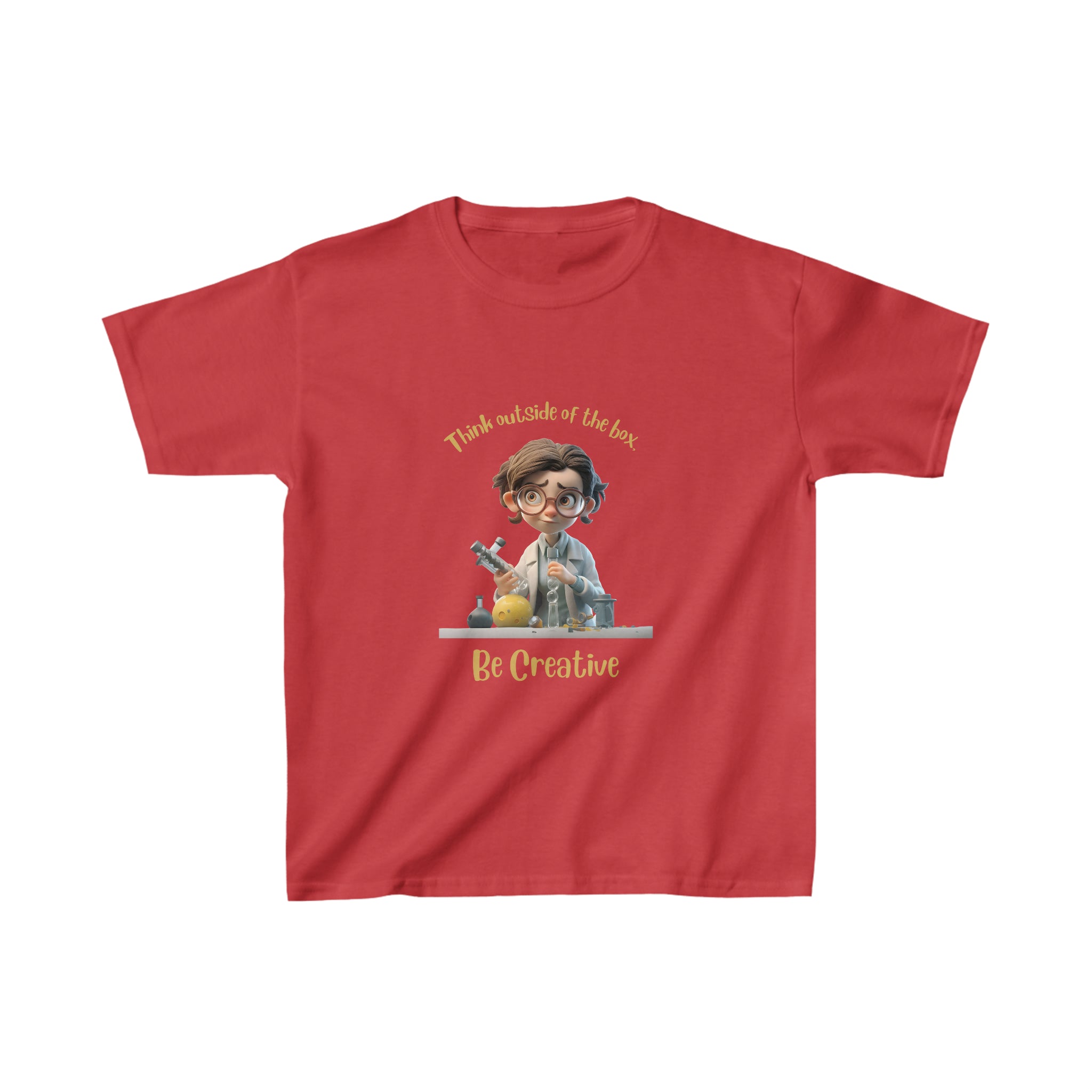 Girls Youth size red T-shirt with " Think outside the box Be Creative" graphic on front