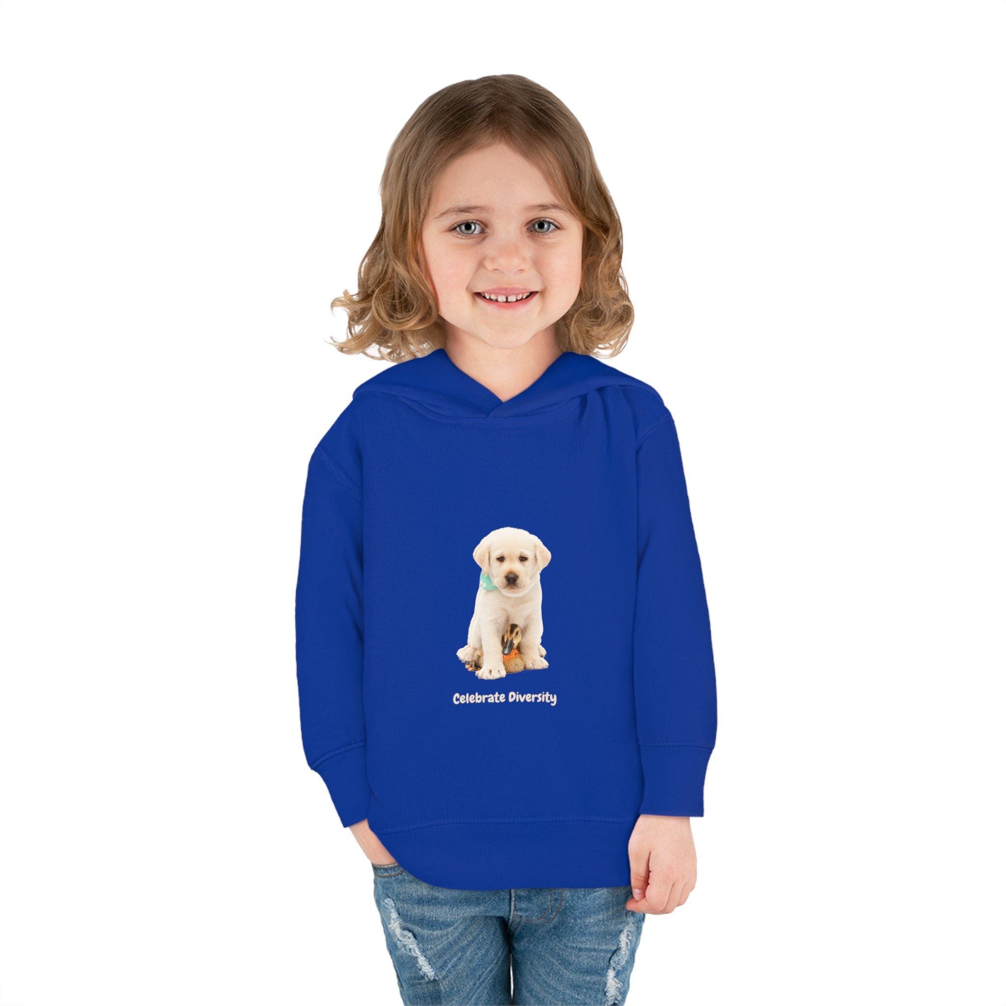Toddler girl wearing royal  unisex hoodie with "Celebrate Diversity" inspired graphic with puppy and duck on front.