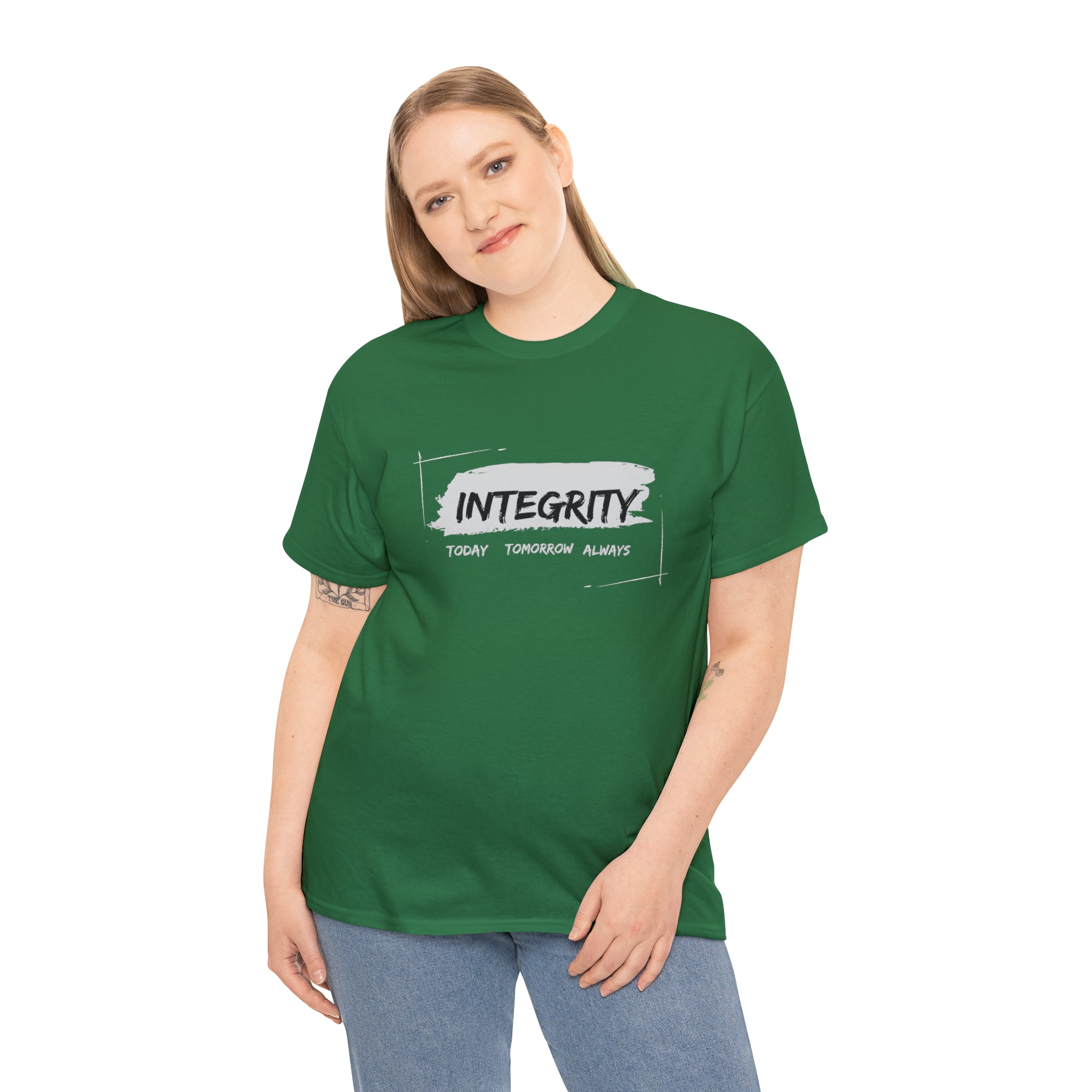 Adult women wearing kelly green T-Shirt " Integrity Today Tomorrow Always" inspired image.