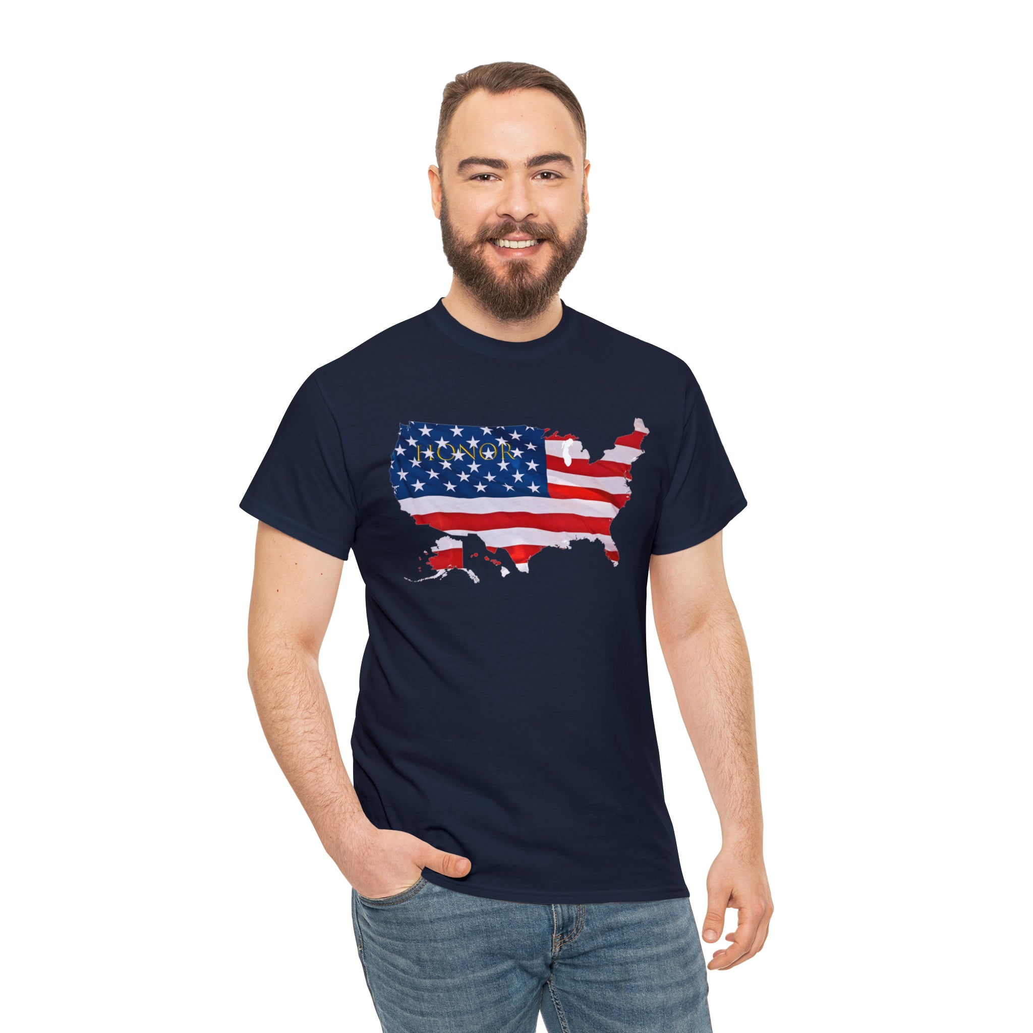 Adult Male wearing navy T-Shirt with "Honor USA" inspired American as a Flag graphic on front.