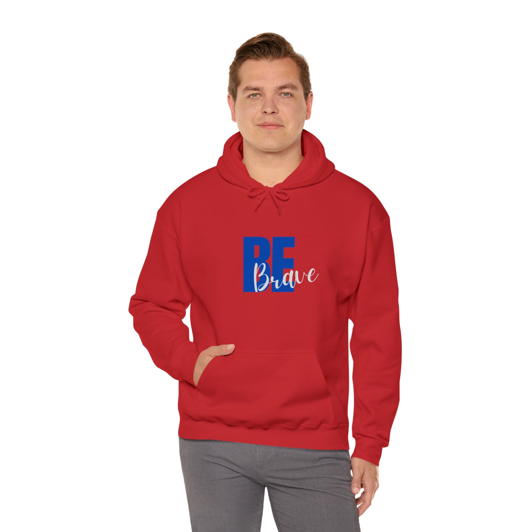 Adult man  wearing red hoodie with "Be Brave" motivational image on front.