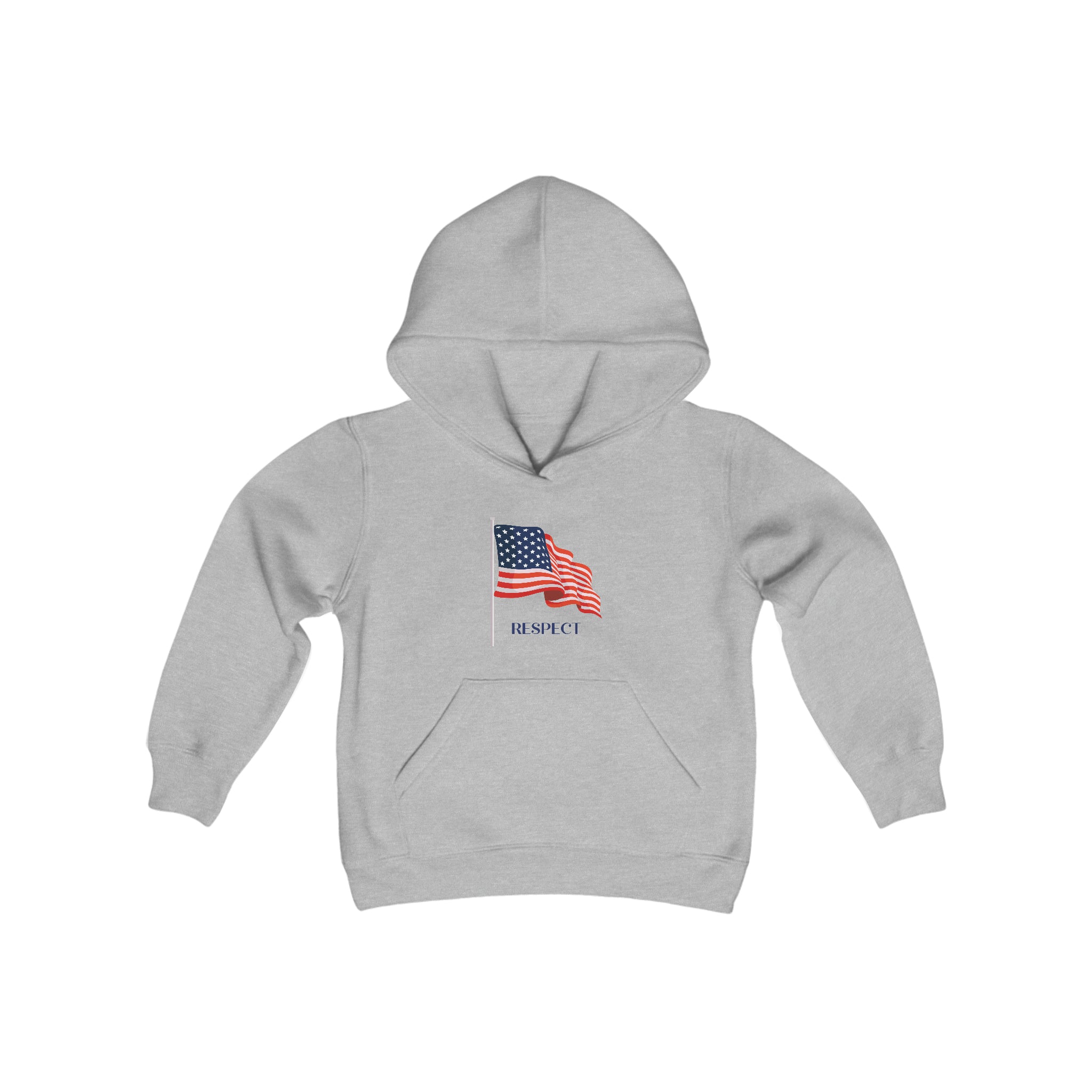 Youth unisex sports grey hoodie with "Respect" inspired American Flag on front.