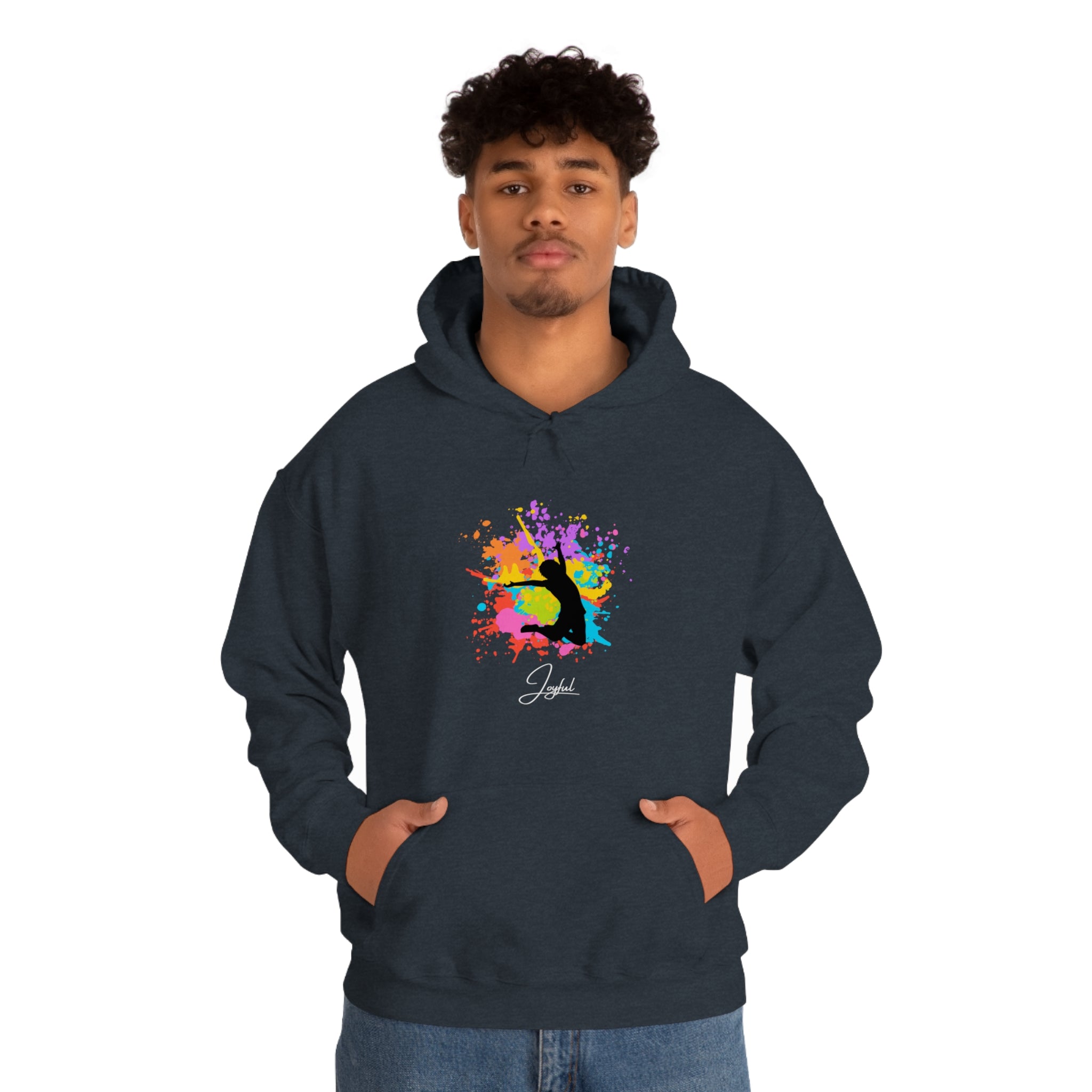 Adult Male wearing dark navy hoodie with "Joyful" inspired graphic.