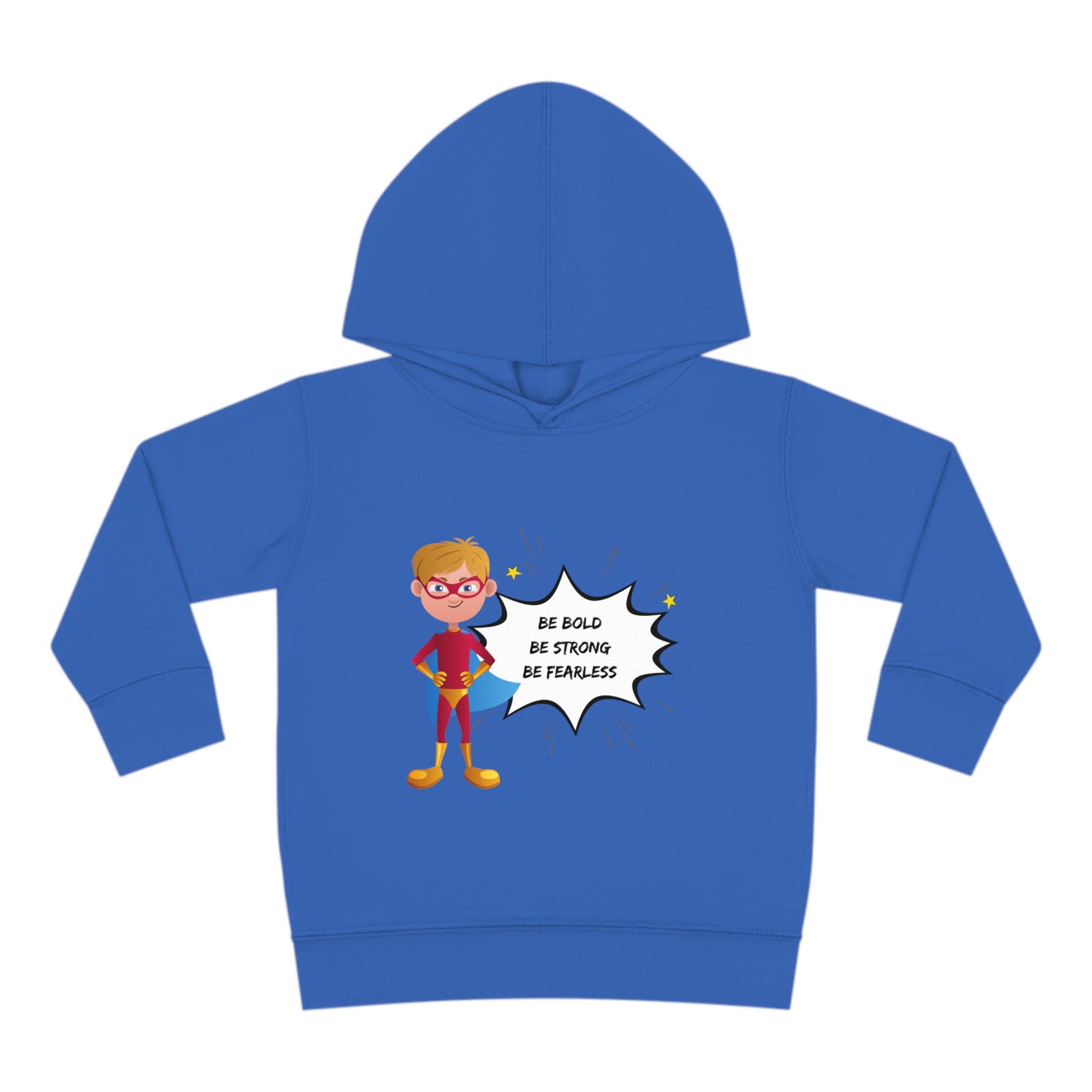 Toddler size vintage royal hoodie with Boy dressed as superhero image with Be Bold Be Strong Be Fearless image on front