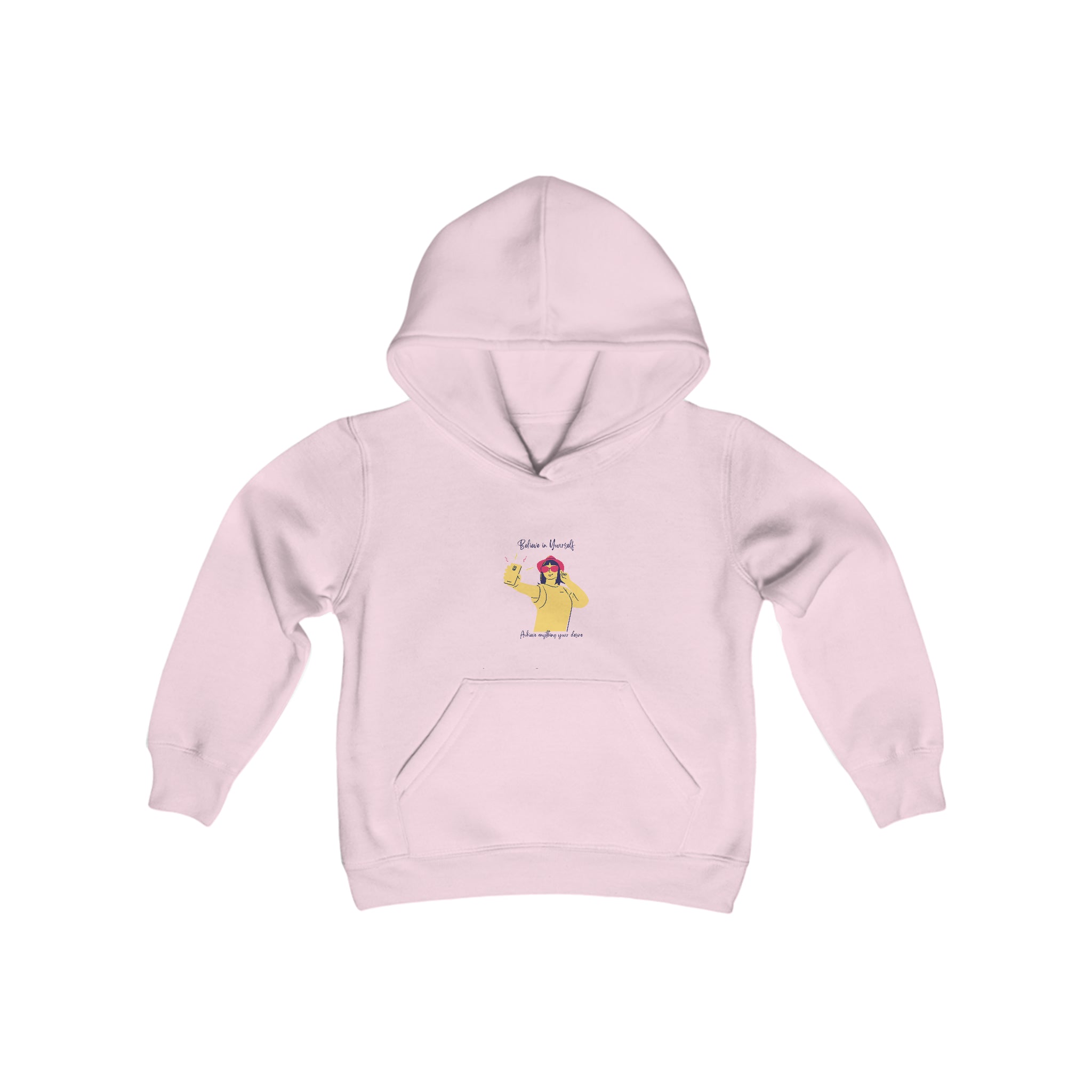 Youth Girl light pink hoodie with "Believe in yourself, achieve anything you desire" girl taking picture of herself inspired graphic.