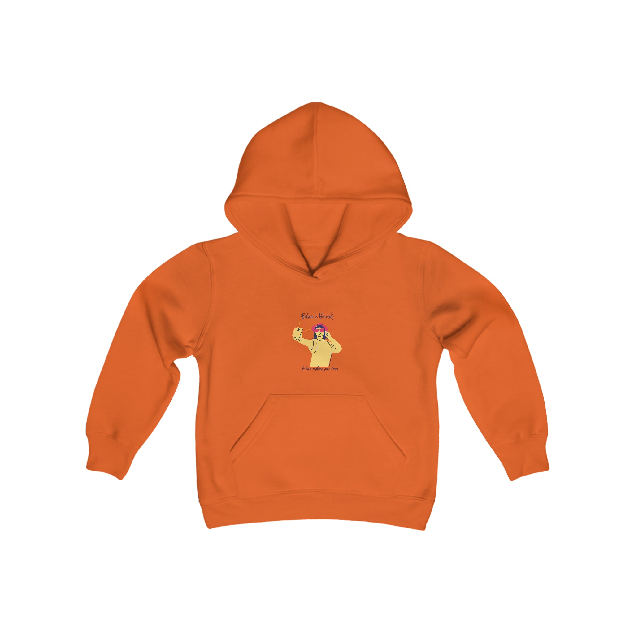 Youth girl orange hoodie with "Believe In Yourself Achieve anything your desire" motivational image on front.