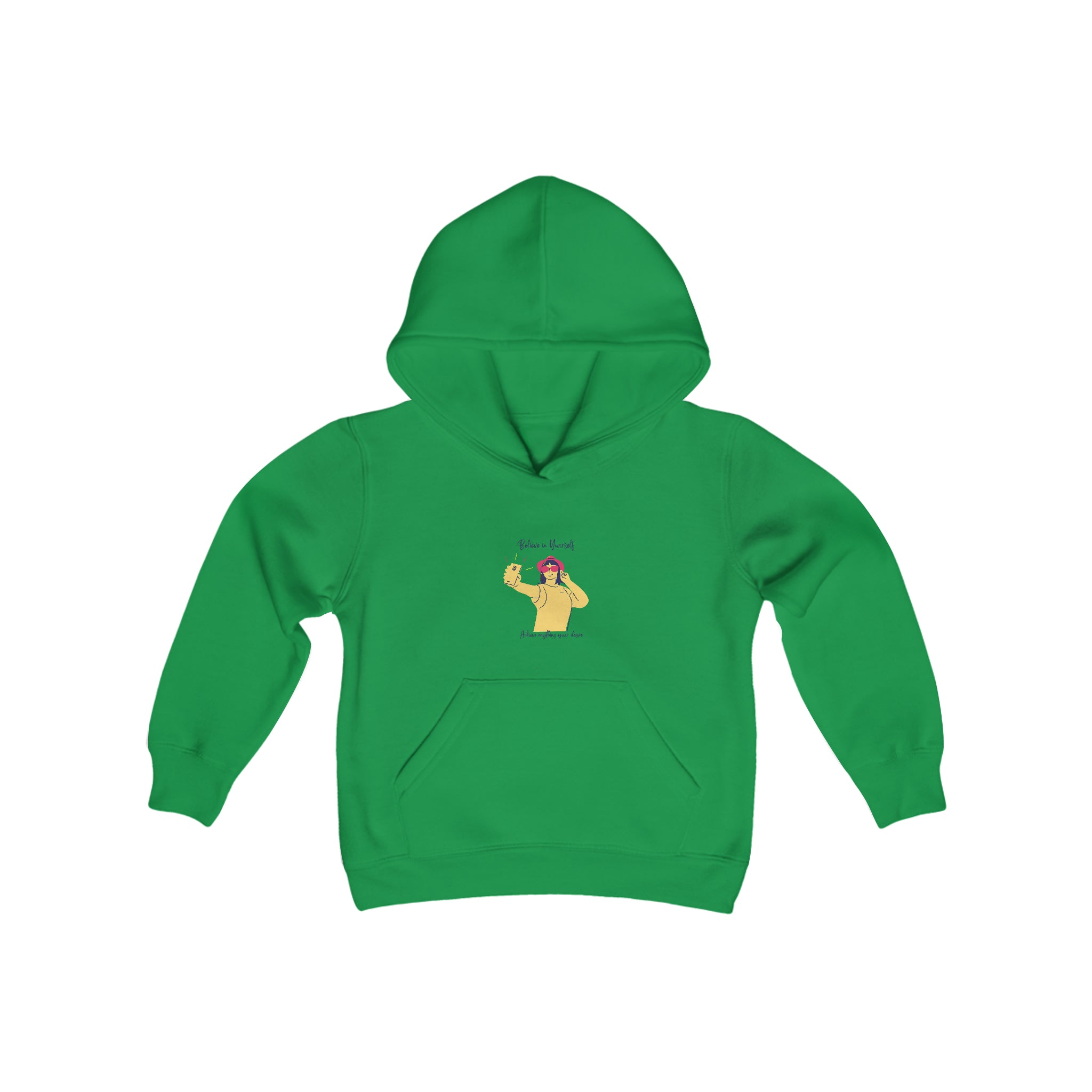 Youth girl irish green hoodie with "Believe In Yourself Achieve anything your desire" motivational image on front.