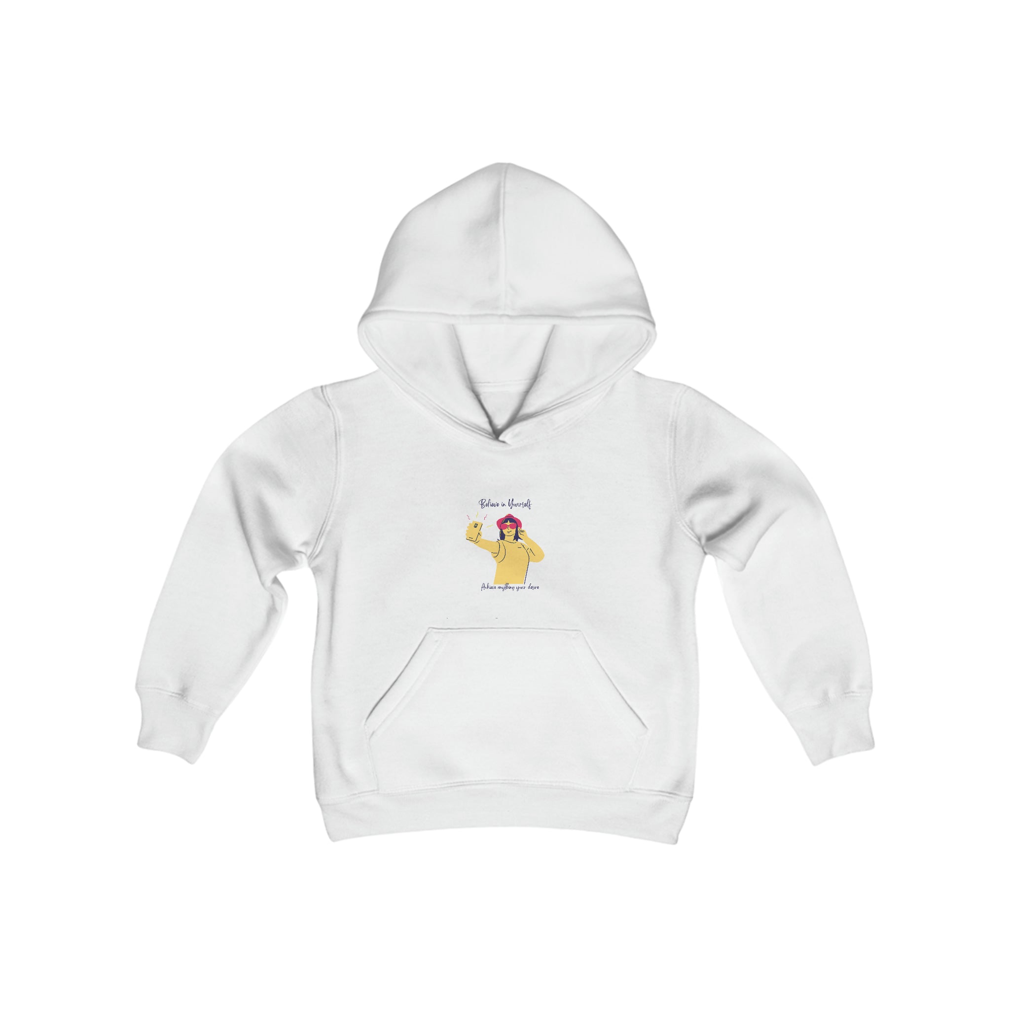 Youth girl  white hoodie with "Believe In Yourself Achieve anything your desire" motivational image on front.