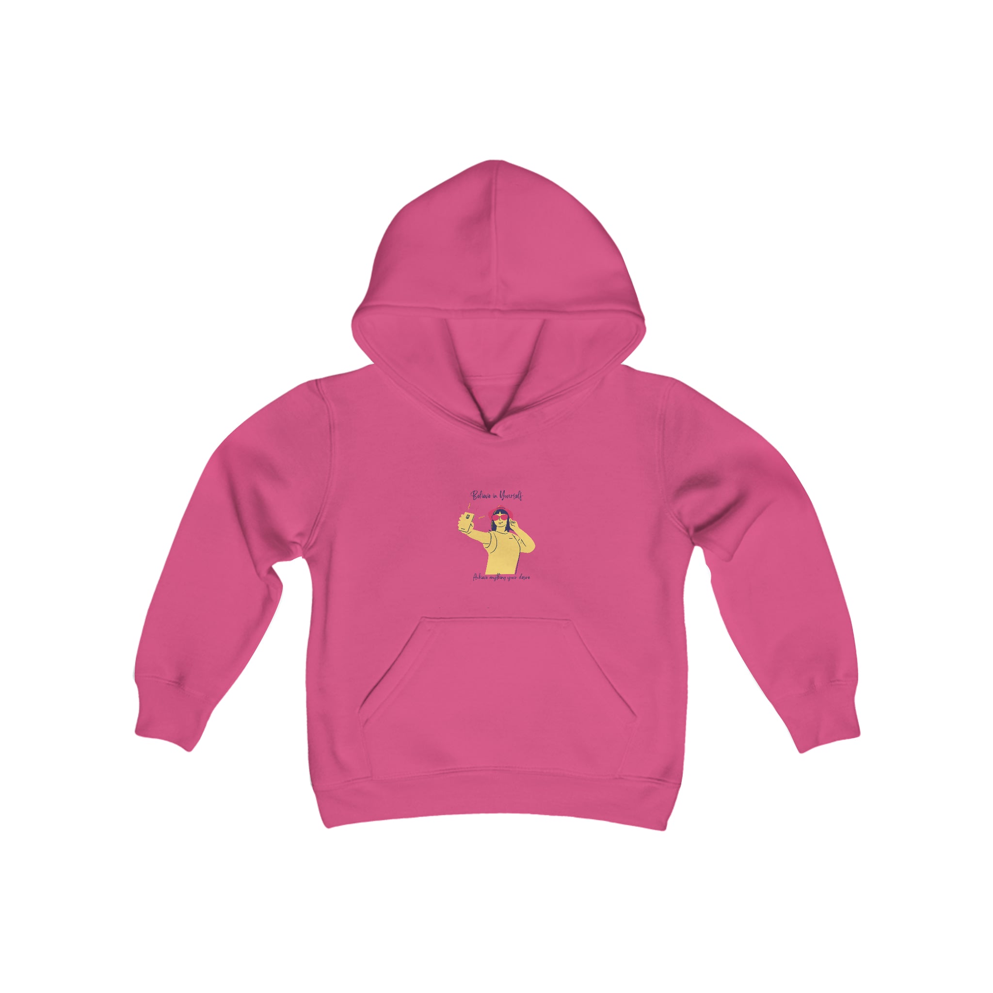 Youth girl hot pink hoodie with "Believe In Yourself Achieve anything your desire" motivational image on front.