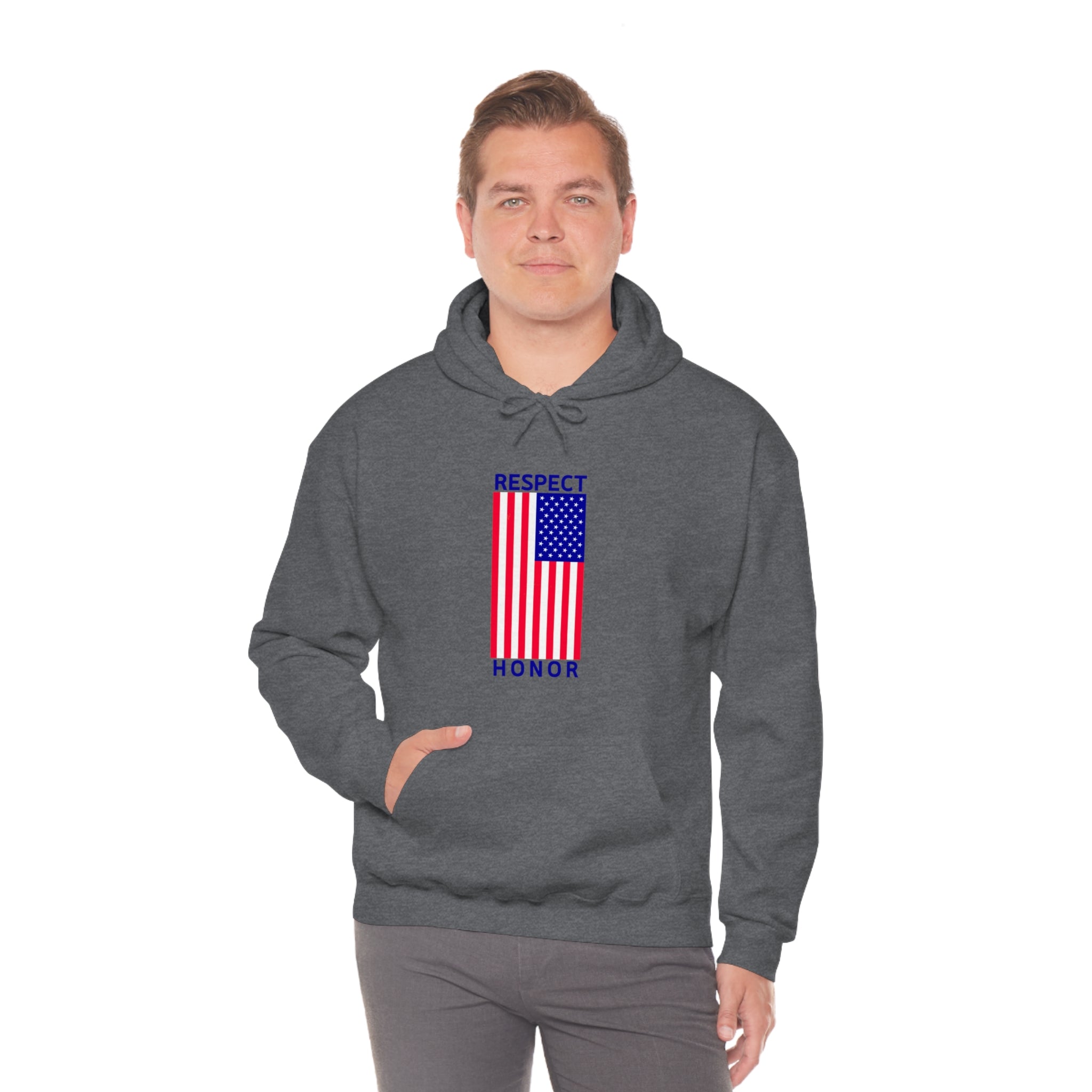 Adult man wearing sports grey hoodie with "Respect Honor" Inspired Classic American Flag on front.