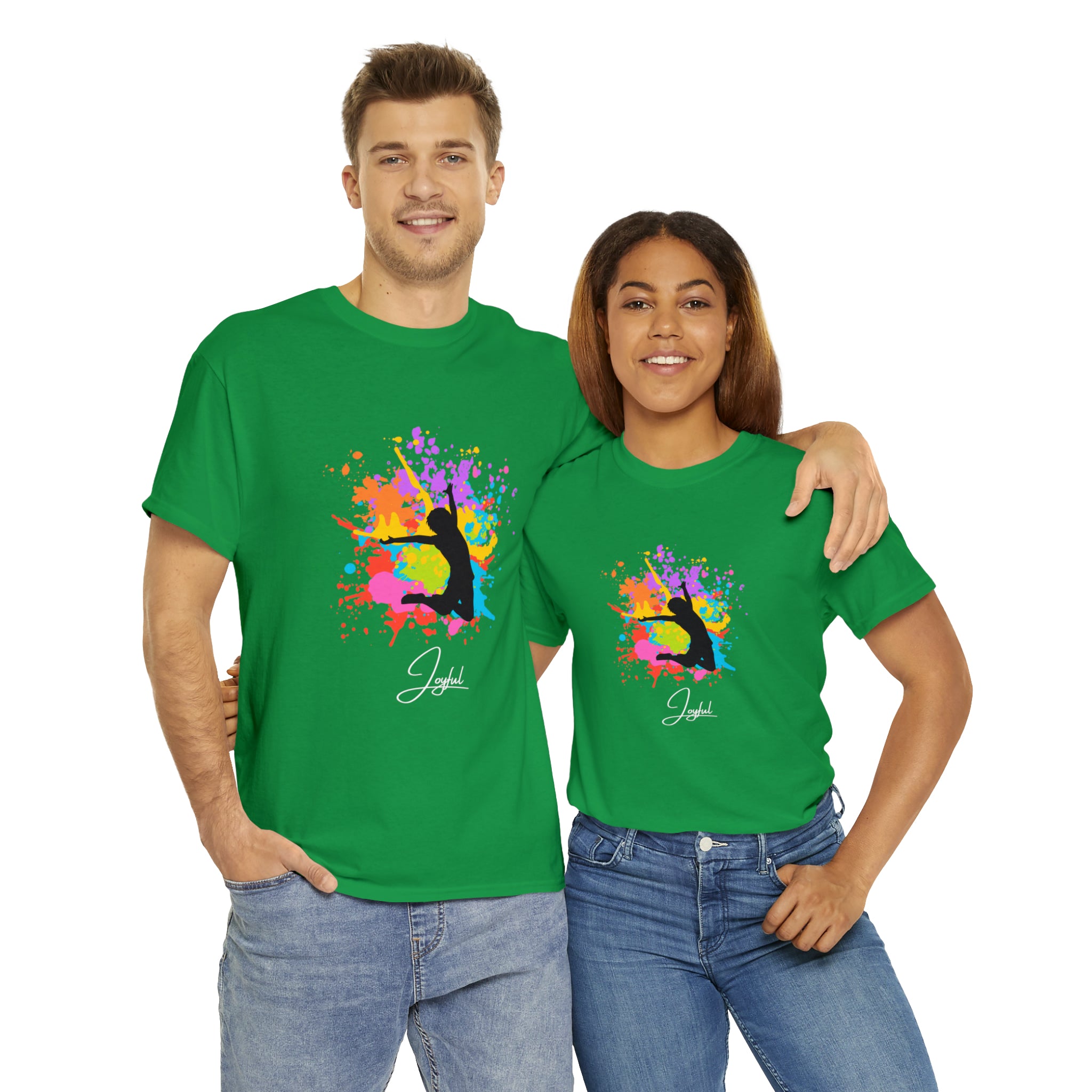 Adult Male and Female wearing irish green  T-Shirts with" Joyful" inspired graphic on front.