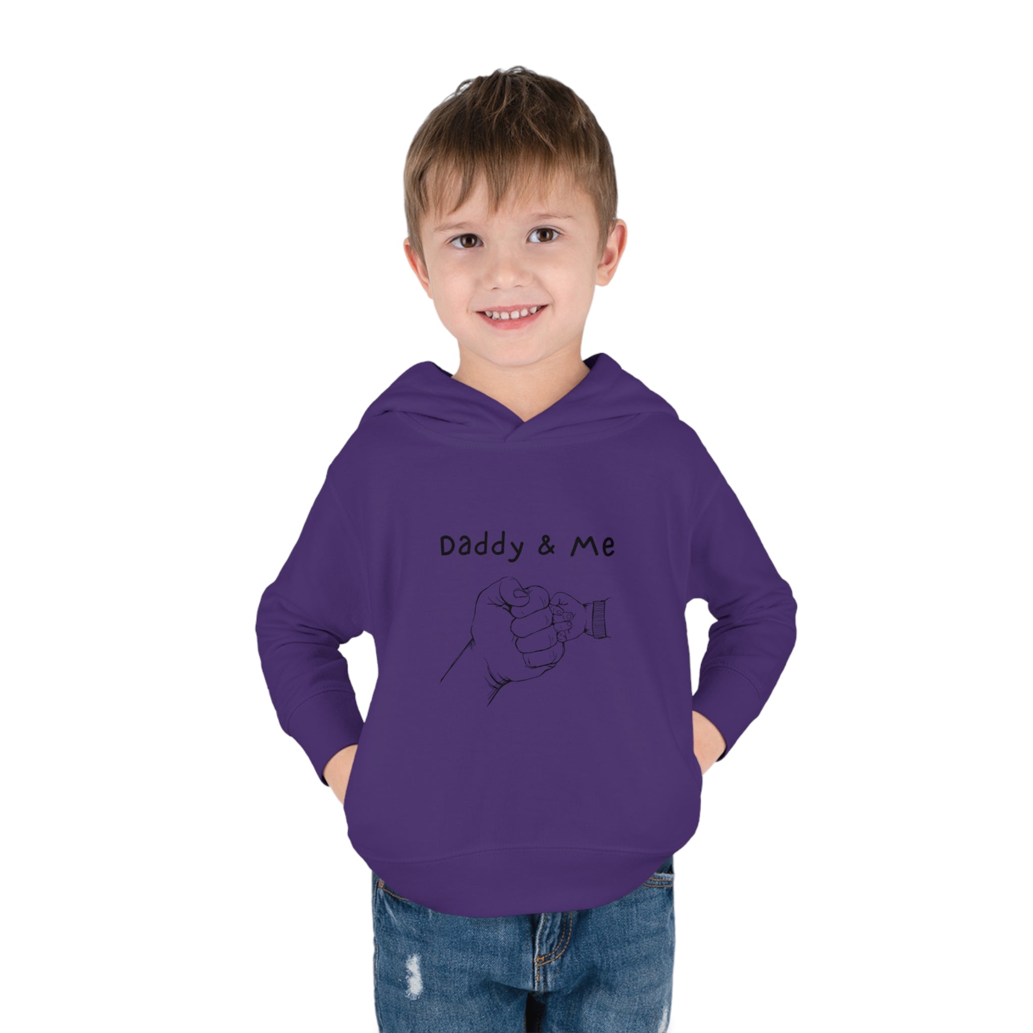 Toddler boy purple hoodie " Daddy & Me" with fist bumps hands on front.