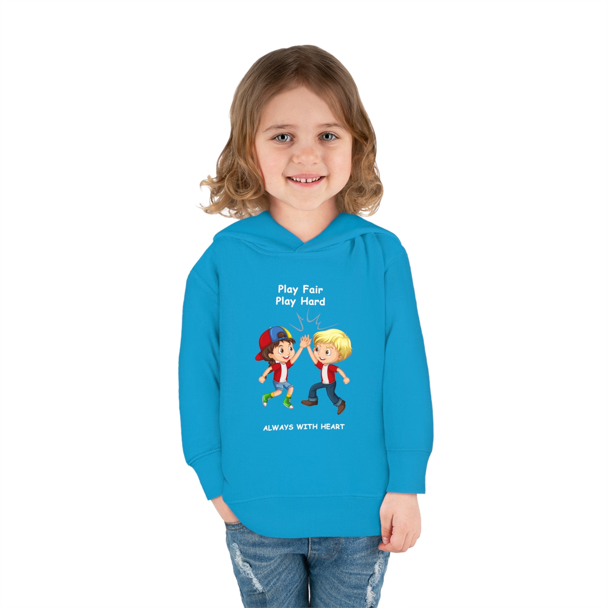 Girl Toddler unisex Carolina Blue hoodie with " Play Fair Play Hard Always with Heart" inspired graphic