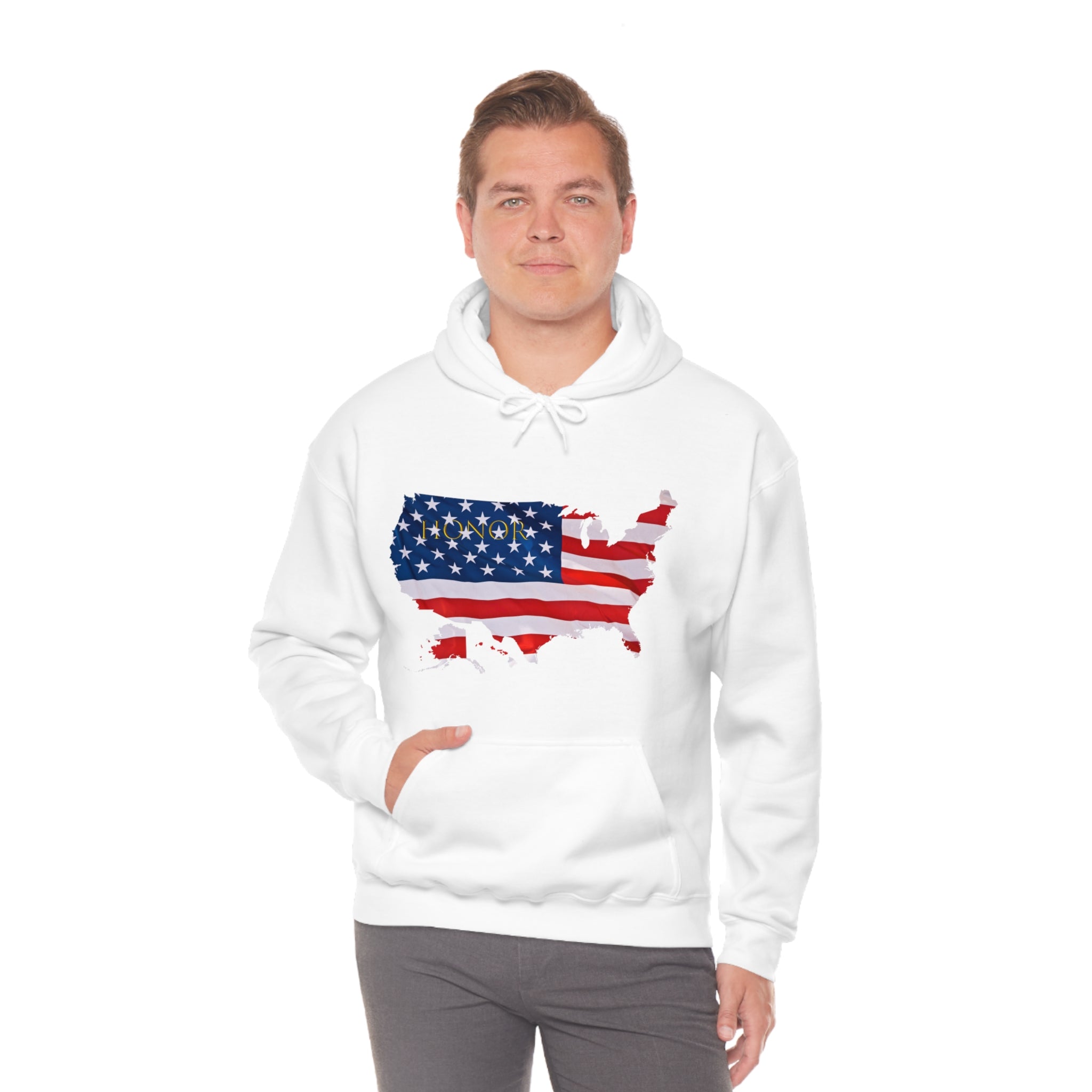 Adult Male wearing white hoodie with "Honor USA" inspired American as a Flag graphic on front.