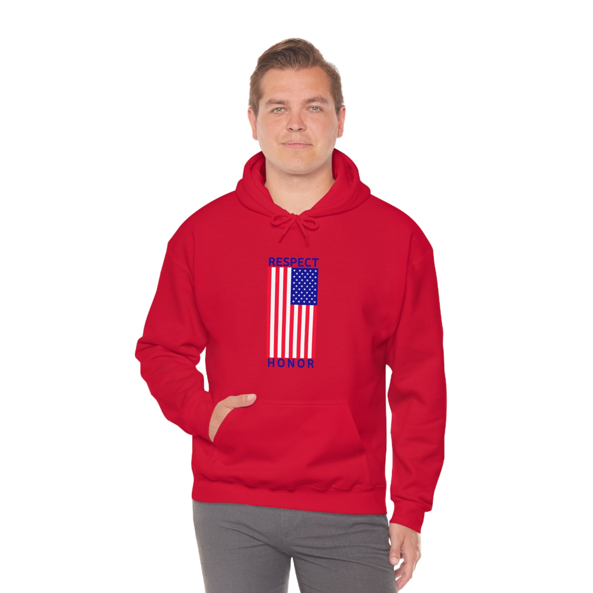 Adult man wearing red hoodie with "Respect Honor" Inspired Classic American Flag on front.