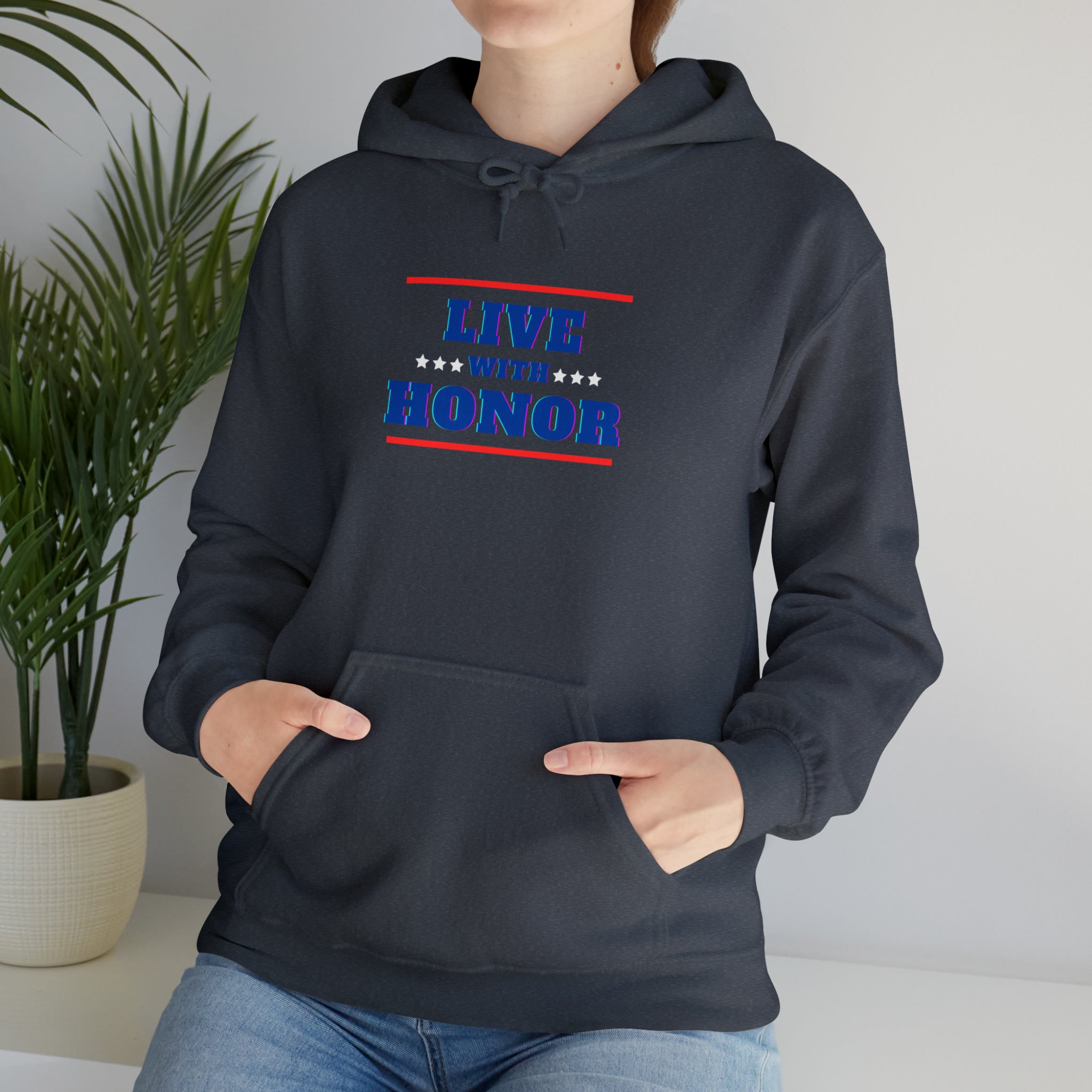 Adult female wearing heather hoodie " Live With Honor" inspired images