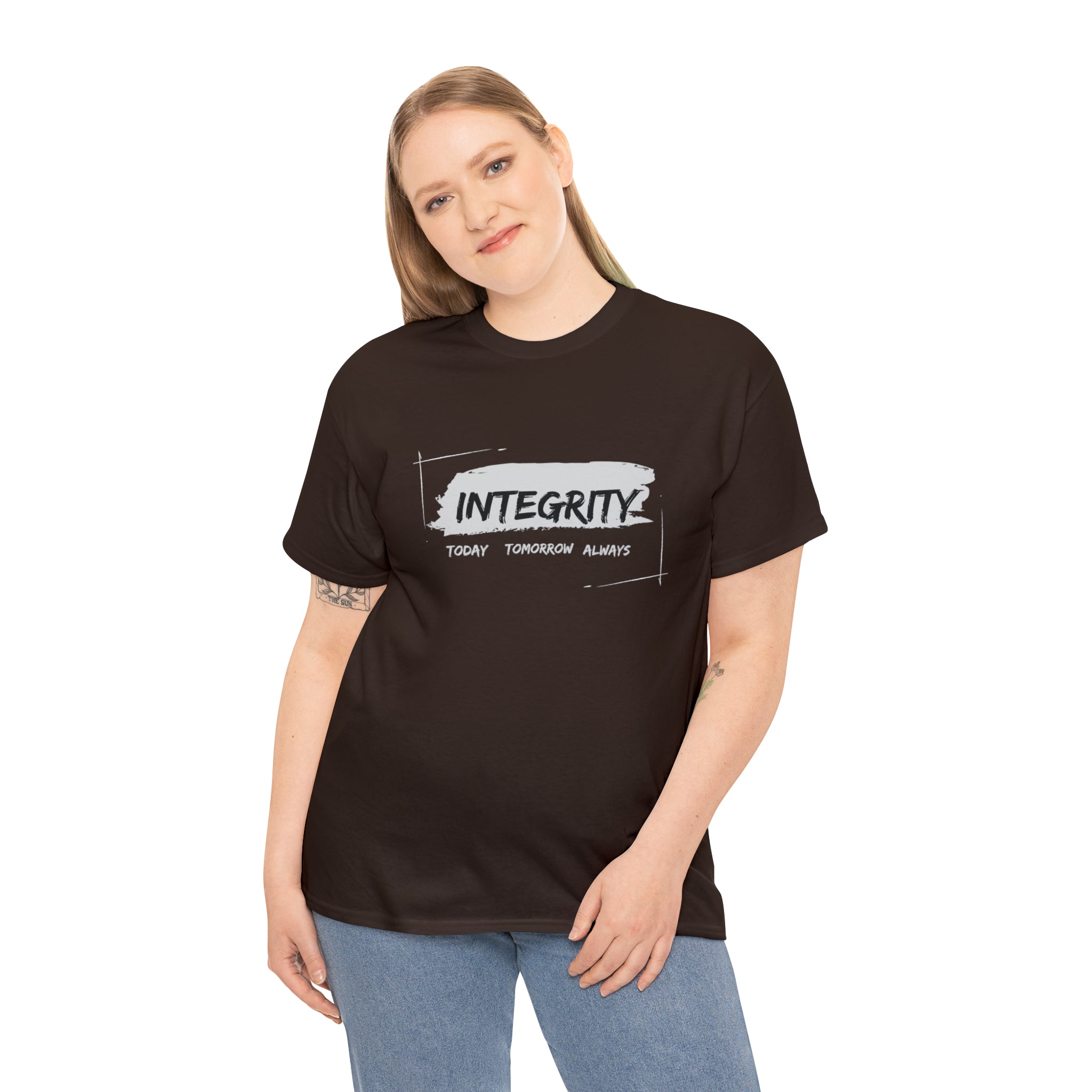Adult woman wearing dark chocolate T-Shirt " Integrity Today Tomorrow Always" inspired image.