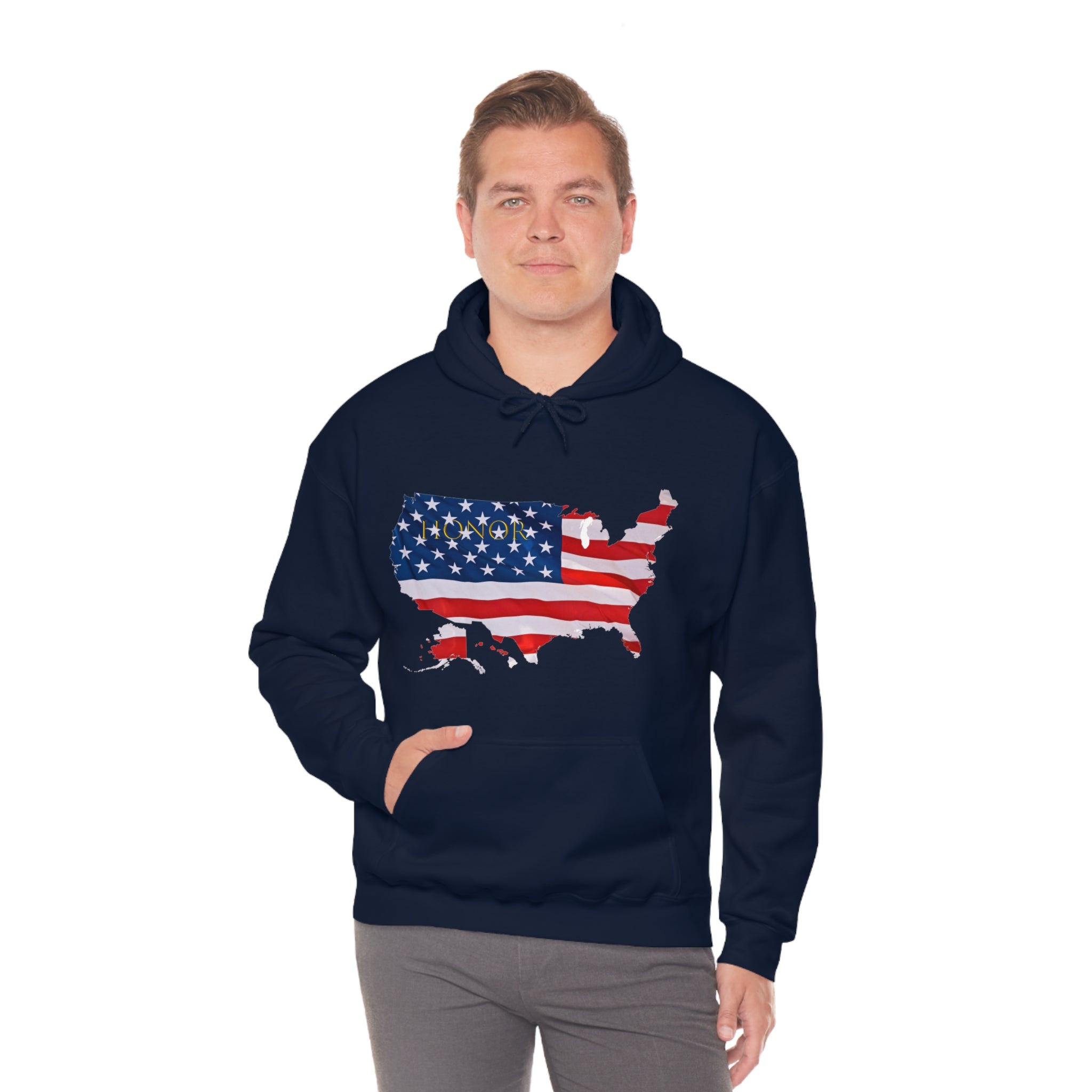 Adult Male wearing navy hoodie with "Honor USA" inspired American as a Flag graphic on front.