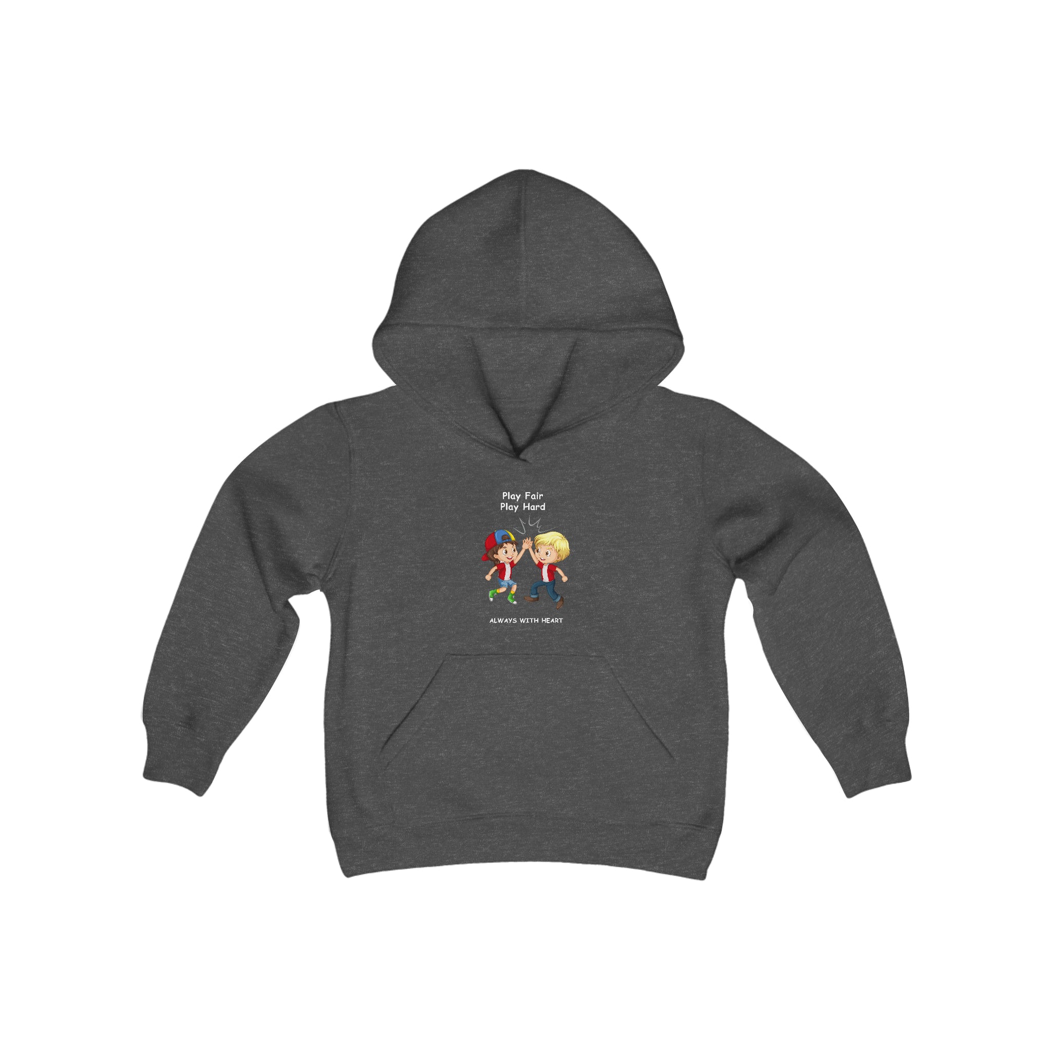 Youth unisex heather  hoodie with " Play Fair Play Hard Always with Heart" inspired graphic