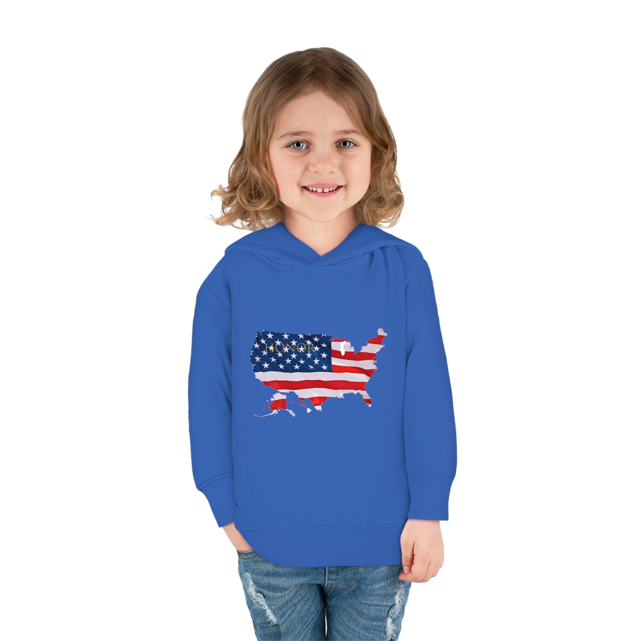 Toddler Girl wearing royal Hoodie with "Honor USA" inspired American as a Flag graphic on front.