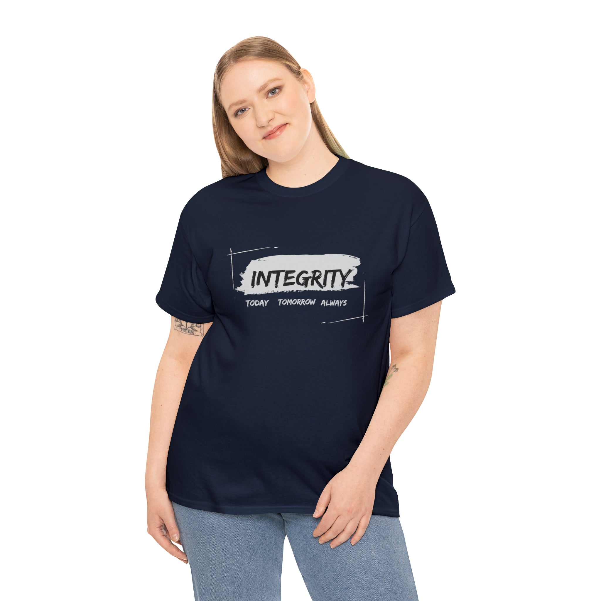 Adult woman wearing navy T-Shirt " Integrity Today Tomorrow Always" inspired image.