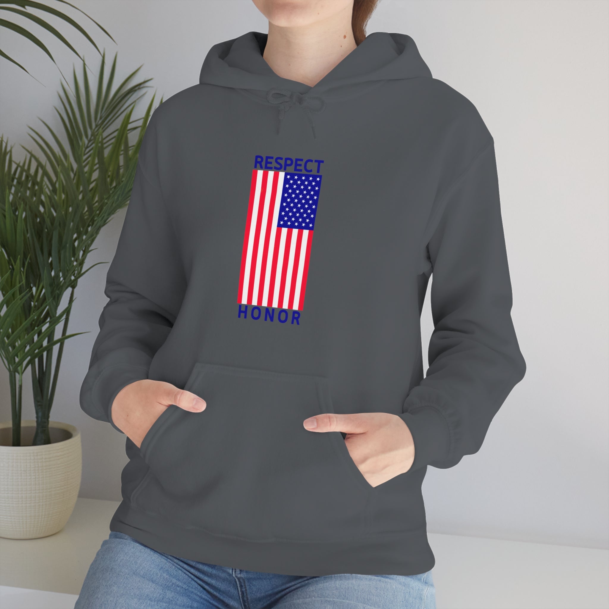 Adult female front view wearing charcoal hoodie with "Respect Honor" Inspired Classic American Flag on front.