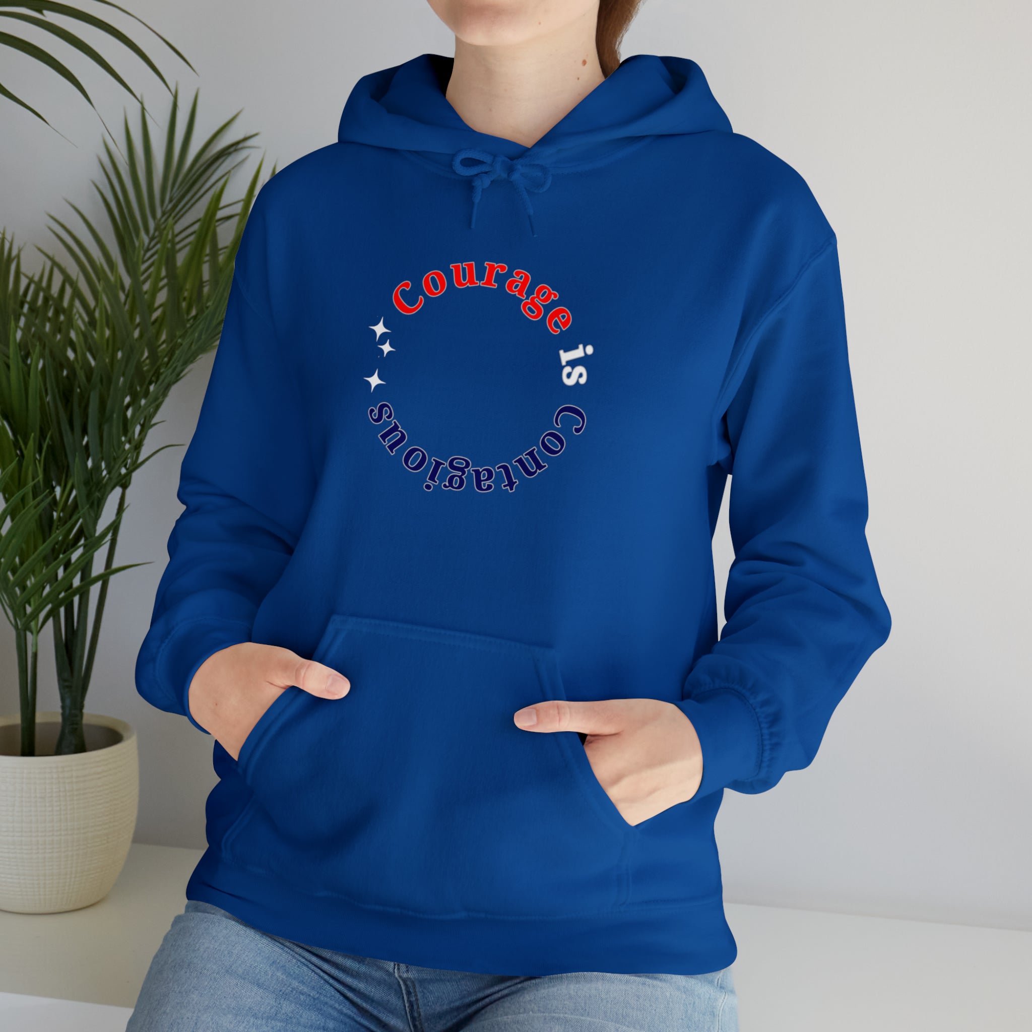 Adult unisex royal hoodie " Courage is Contagious" inspired message on front.