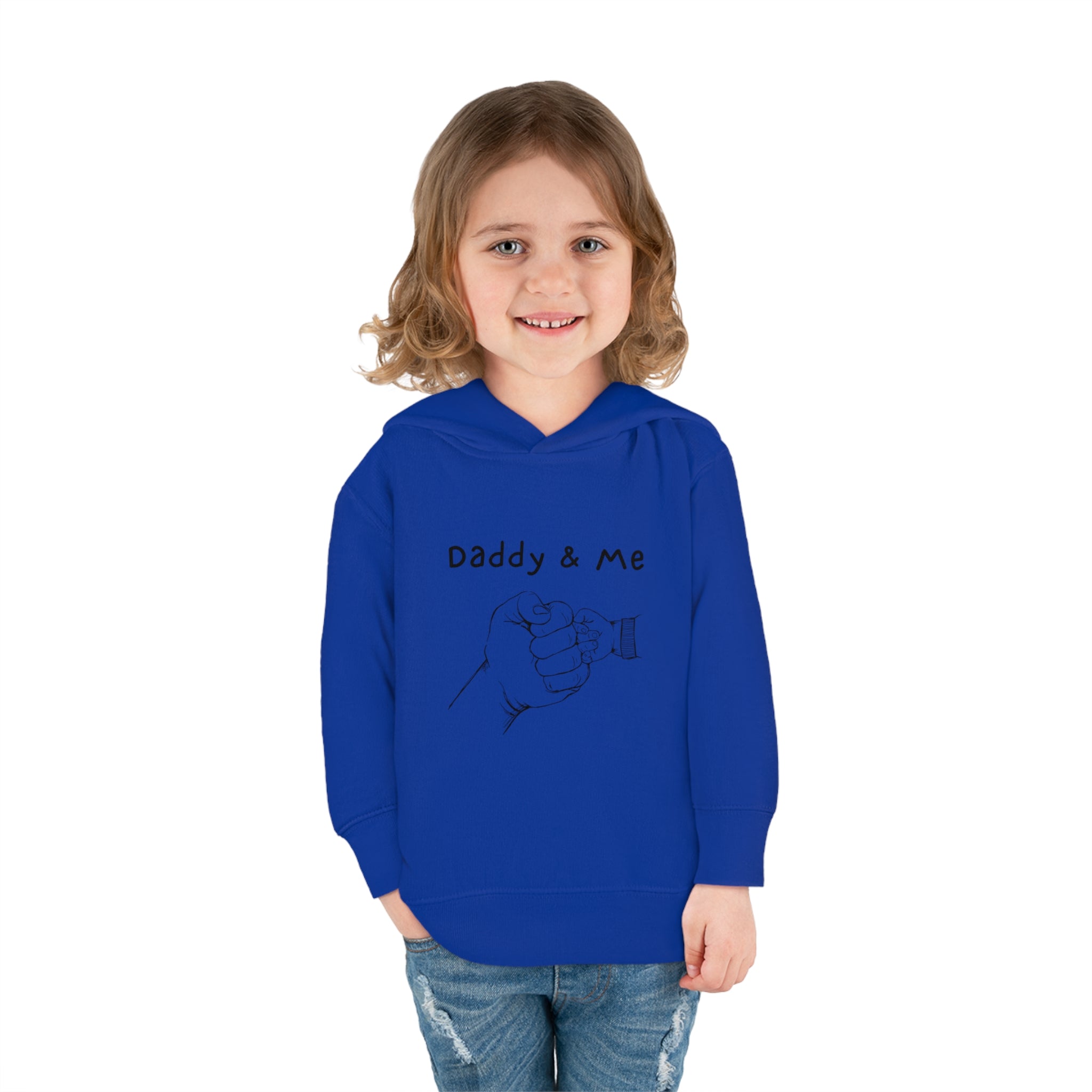 Toddler girl vintage royal hoodie " Daddy & Me" with fist bumps hands on front.
