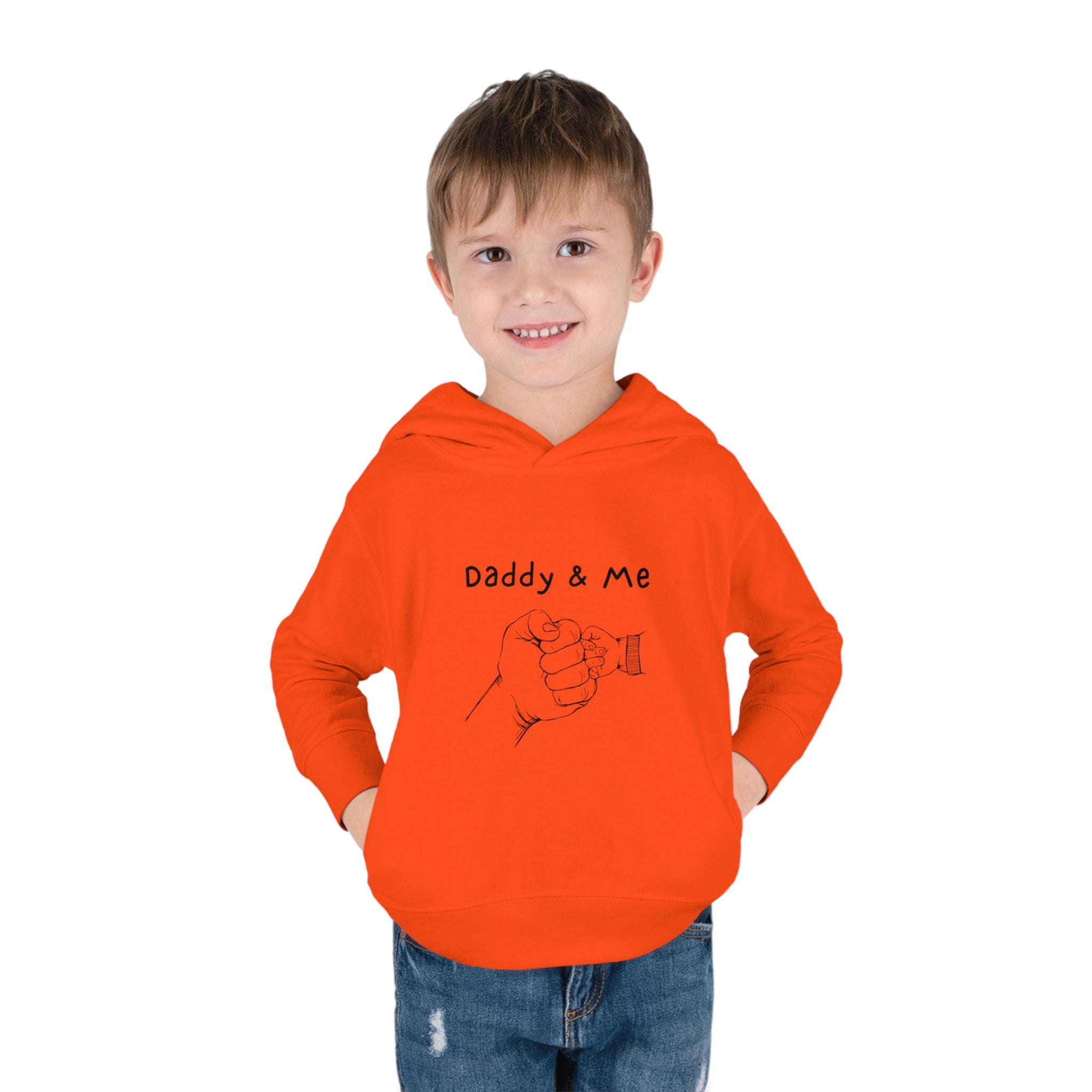 Toddler boy orange hoodie " Daddy & Me" with fist bumps hands on front.