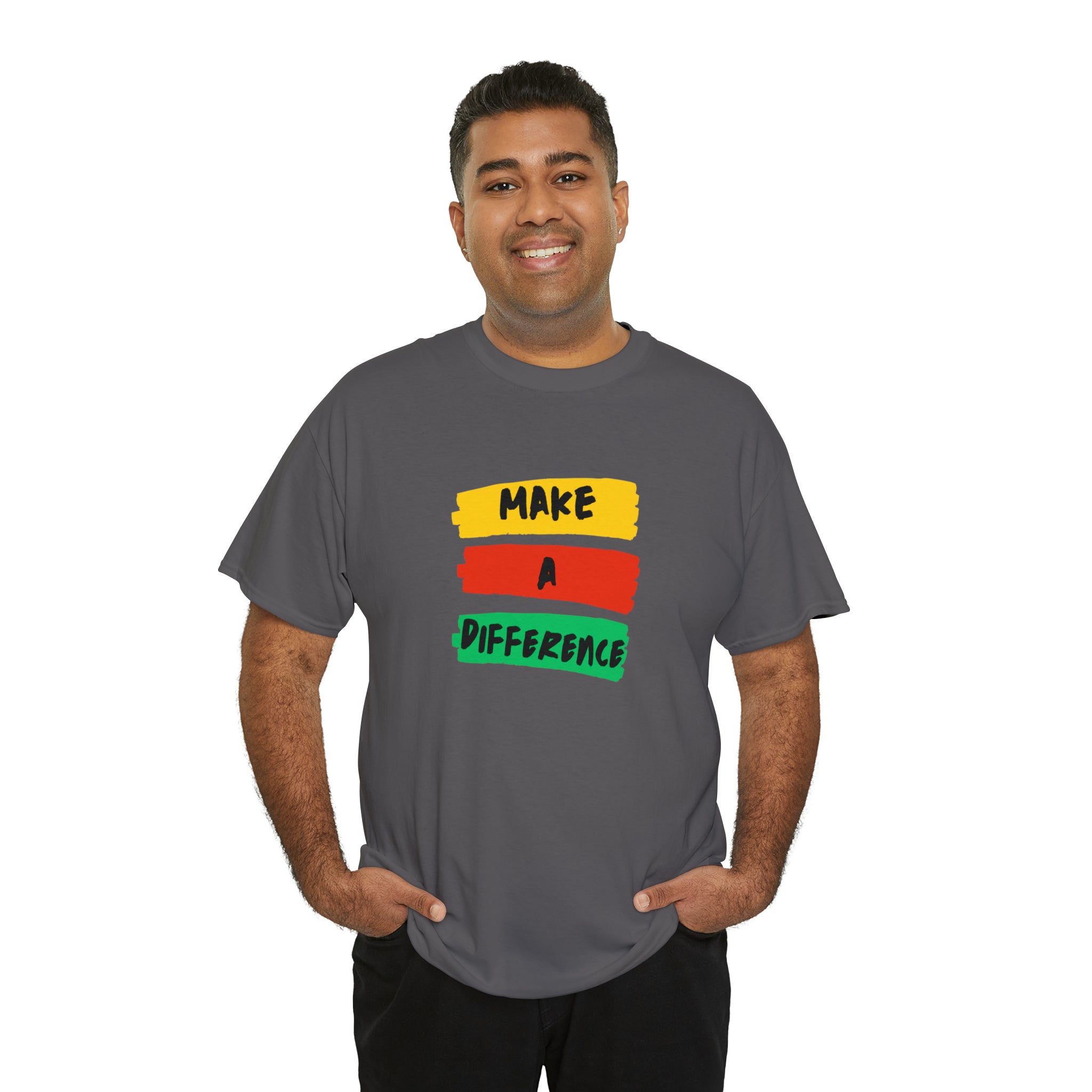 Adult male unisex  charcoal T-Shirt with "  Make A Difference" inspired images.