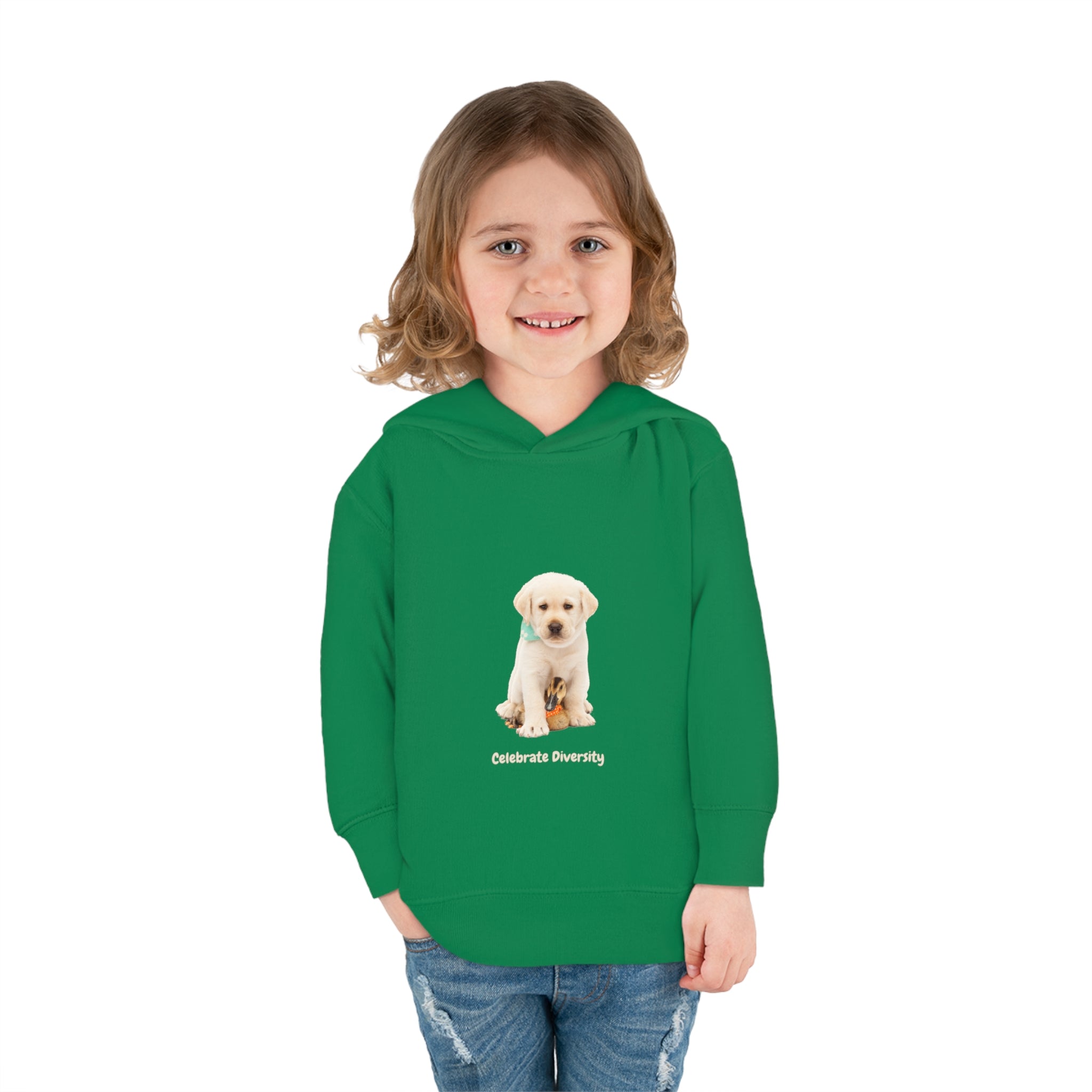 Toddler girl wearing irish green unisex hoodie with "Celebrate Diversity" inspired graphic with puppy and duck on front.