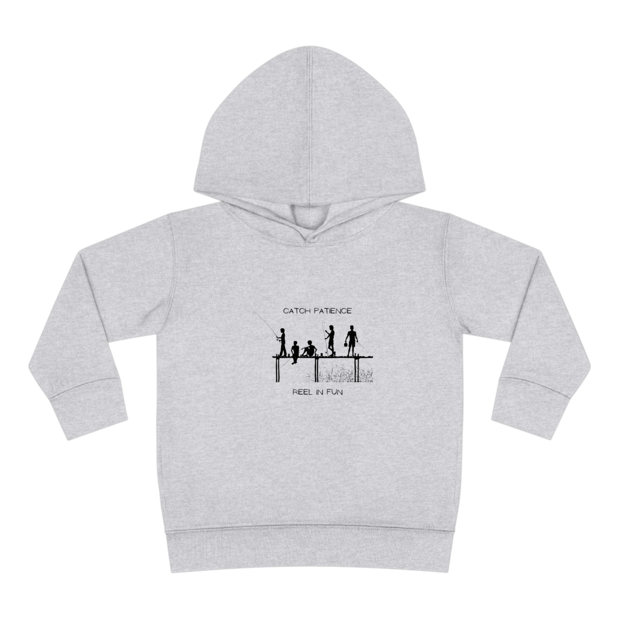 Toddler unisex wearing sports grey hoodie with "Catch Patience Reel in Fun" inspired graphic of people fishing.