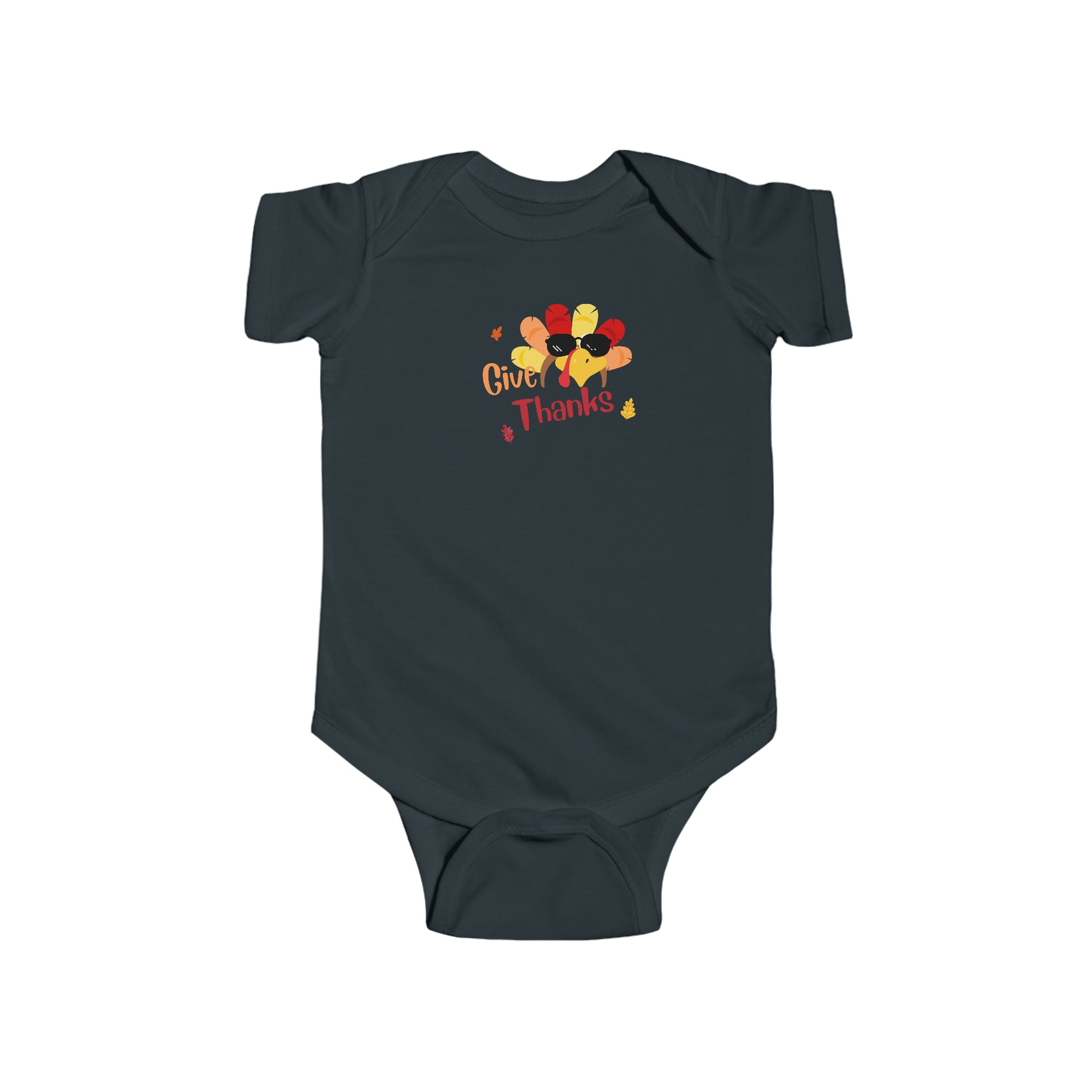 Infant black onesie " Give Thanks" with Turkey head on front.