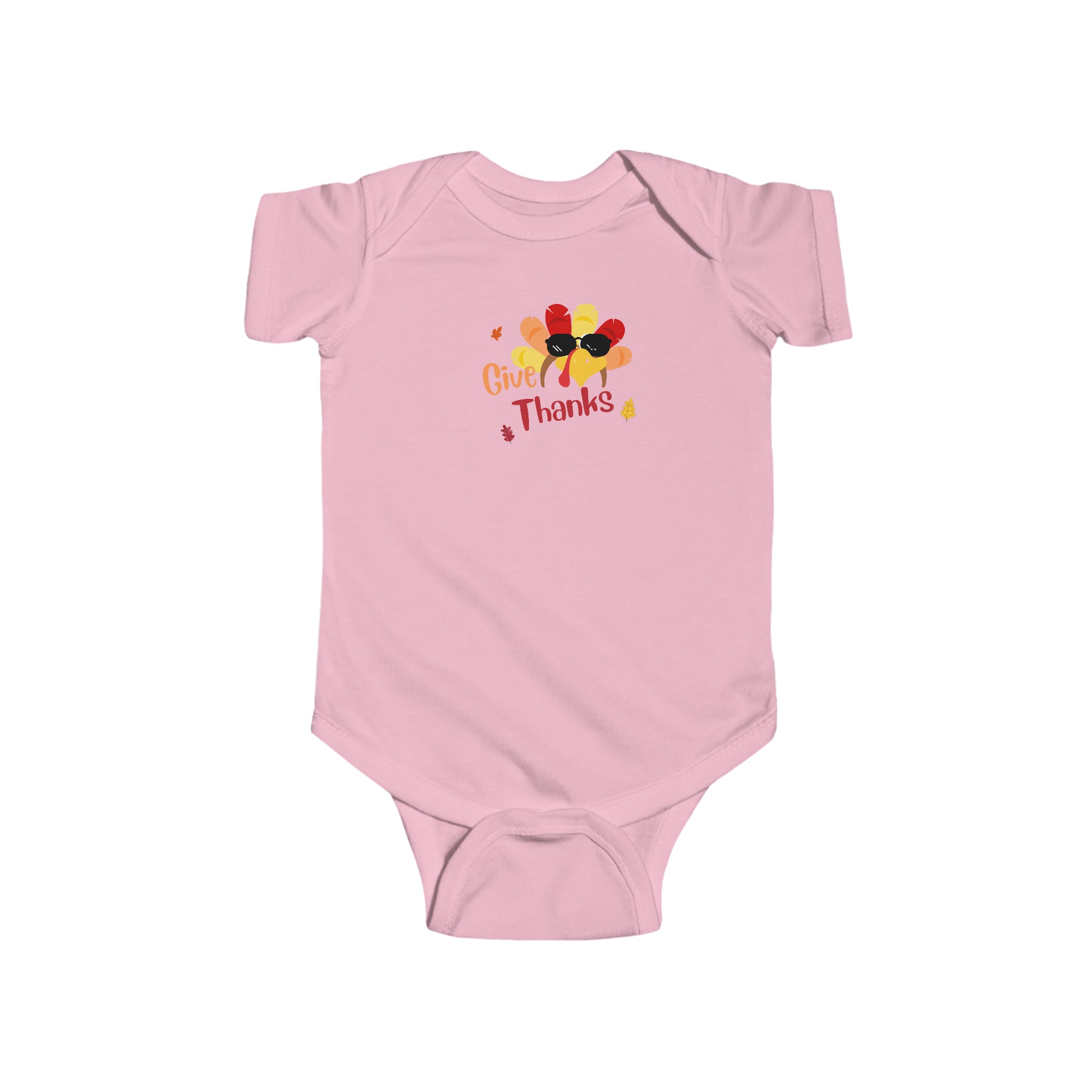 Infant pink onesie " Give Thanks" with Turkey head on front.