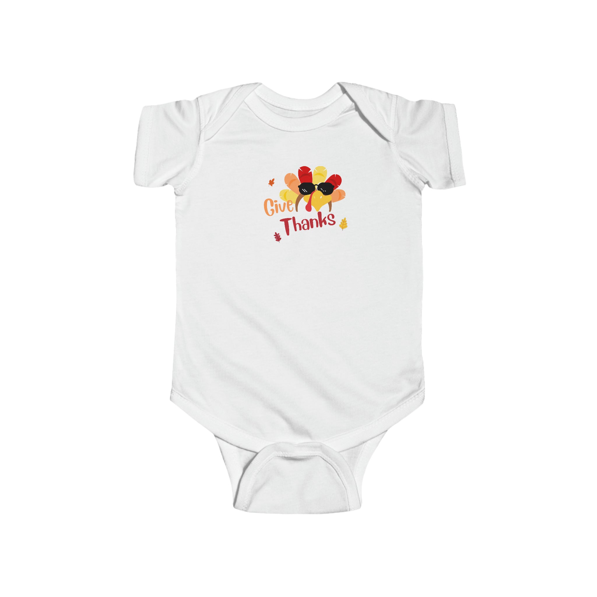 Infant white onesie " Give Thanks" with Turkey head on front.