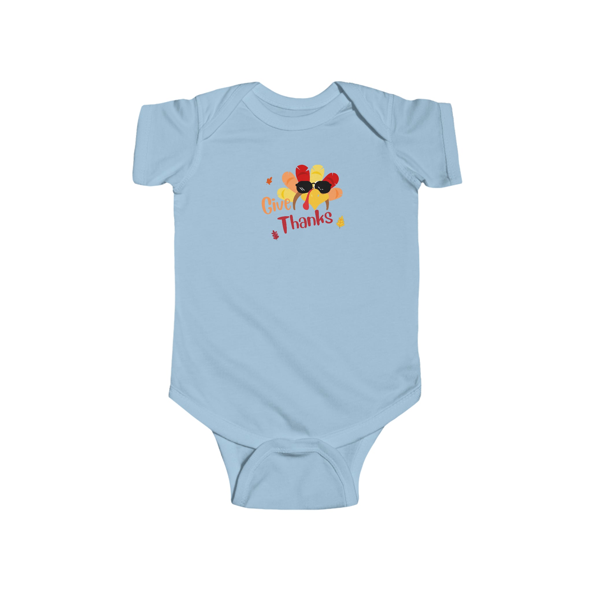 Infant light blue onesie " Give Thanks" with Turkey head on front.