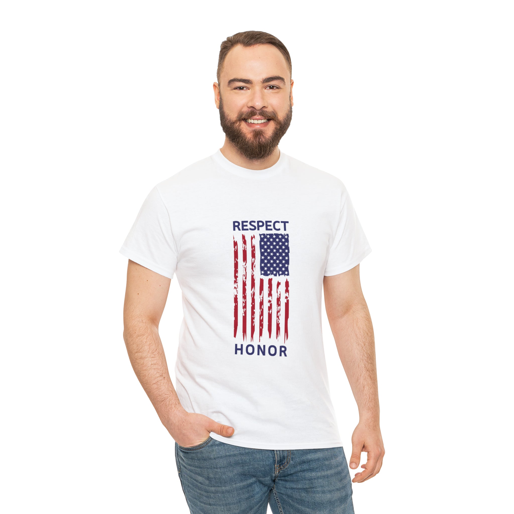 Adult male wearing white T-Shirt with "Respect Honor" Inspired Rustic American Flag on front.